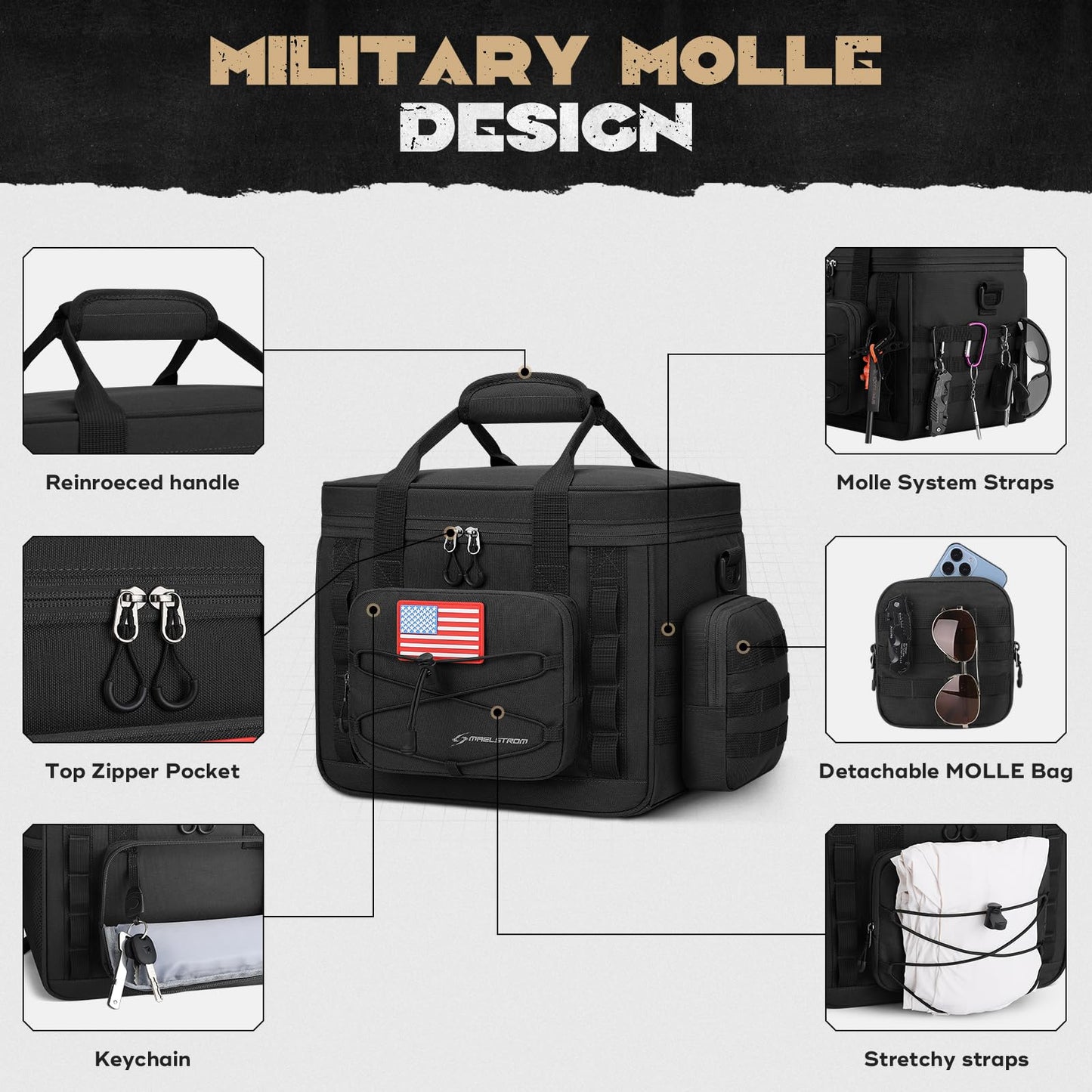 Maelstrom Large Tactical Lunch Box for Men,Insulated Lunch Bag, Durable Leakproof Cooler Bags with Detachable MOLLE Bag,Modern Lunch Tote for Adult Women Work,Picnic,30 Cans/20 L, Black