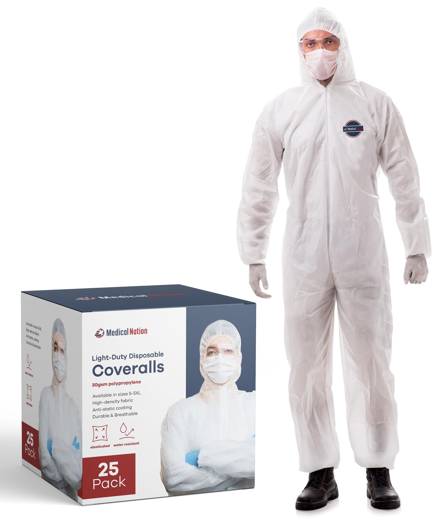 Medical Nation Hazmat Suits Disposable | 25 Pack | Light Duty Disposable Coveralls Men | With Attached Hood - Overall Protective Chemical Suit for Men & Women, Disposable Paint Suit - Size Extra Large