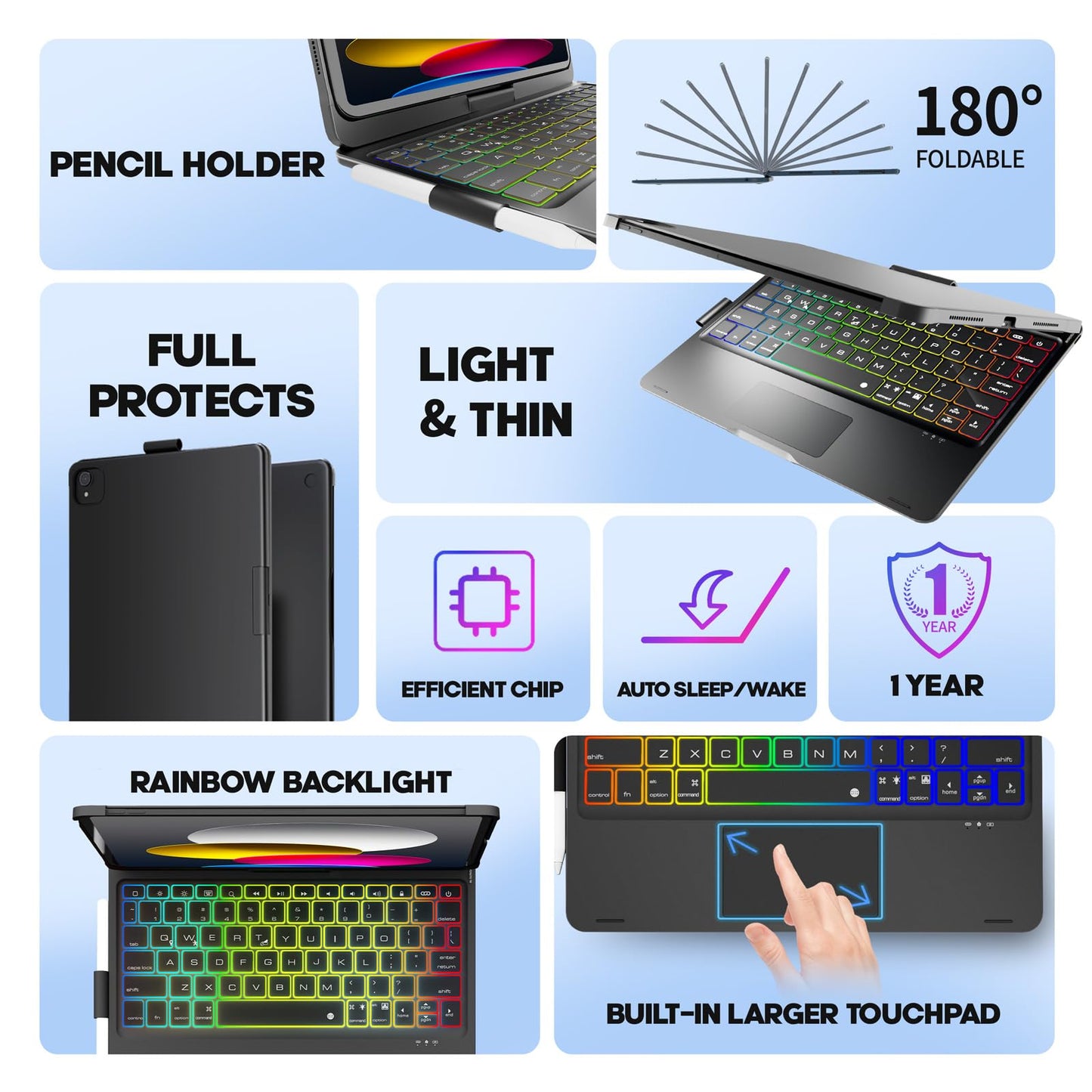 NOKBABO for iPad 10th & 11th (A16) Generation Case with Keyboard,iPad Air 11 Keyboard(M3/M2), Keyboard for iPad Pro 11 (4th/3rd/2nd/1st) & iPad Air 5/4th, Trackpad,360°Swivel, Backlit - Matt Black