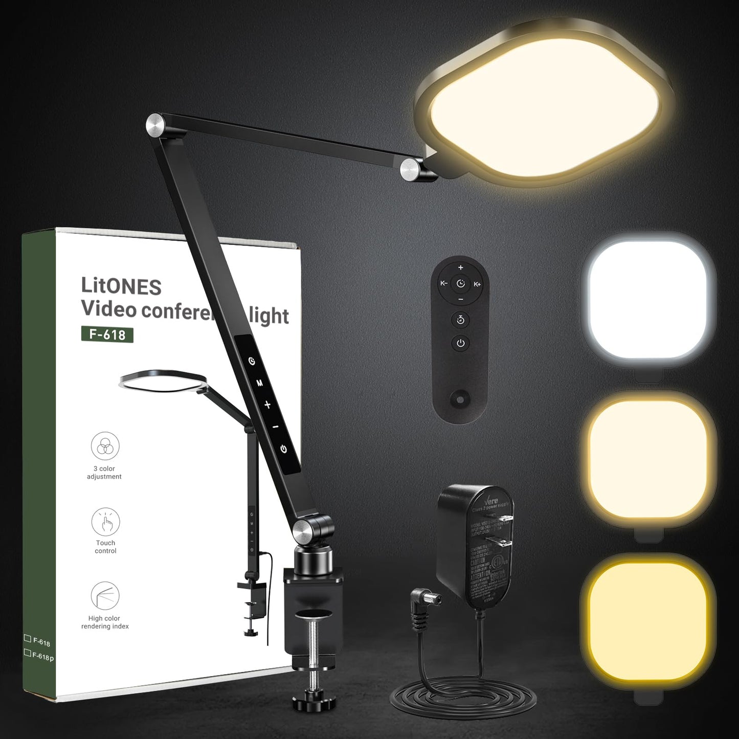 LitONES Video Conference Light for Computer, Dimmable Zoom Lighting for Home Office, Video Calls, Meeting, Laptop & Webcam, 15W Swing Arm Desk Lamp with C- Clamp, Remote, Memory & Timer CRI >95