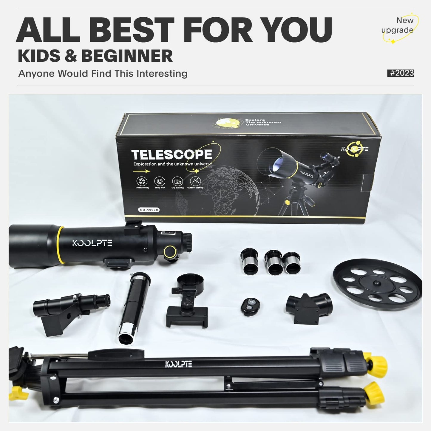 Koolpte Telescope, 70mm Aperture 400mm AZ Mount Astronomical Refracting Telescope (20x-200x) for Kids & Adults, Portable Travel Telescope with Tripod Phone Adapter, Remote Control, Easy to Use, Black