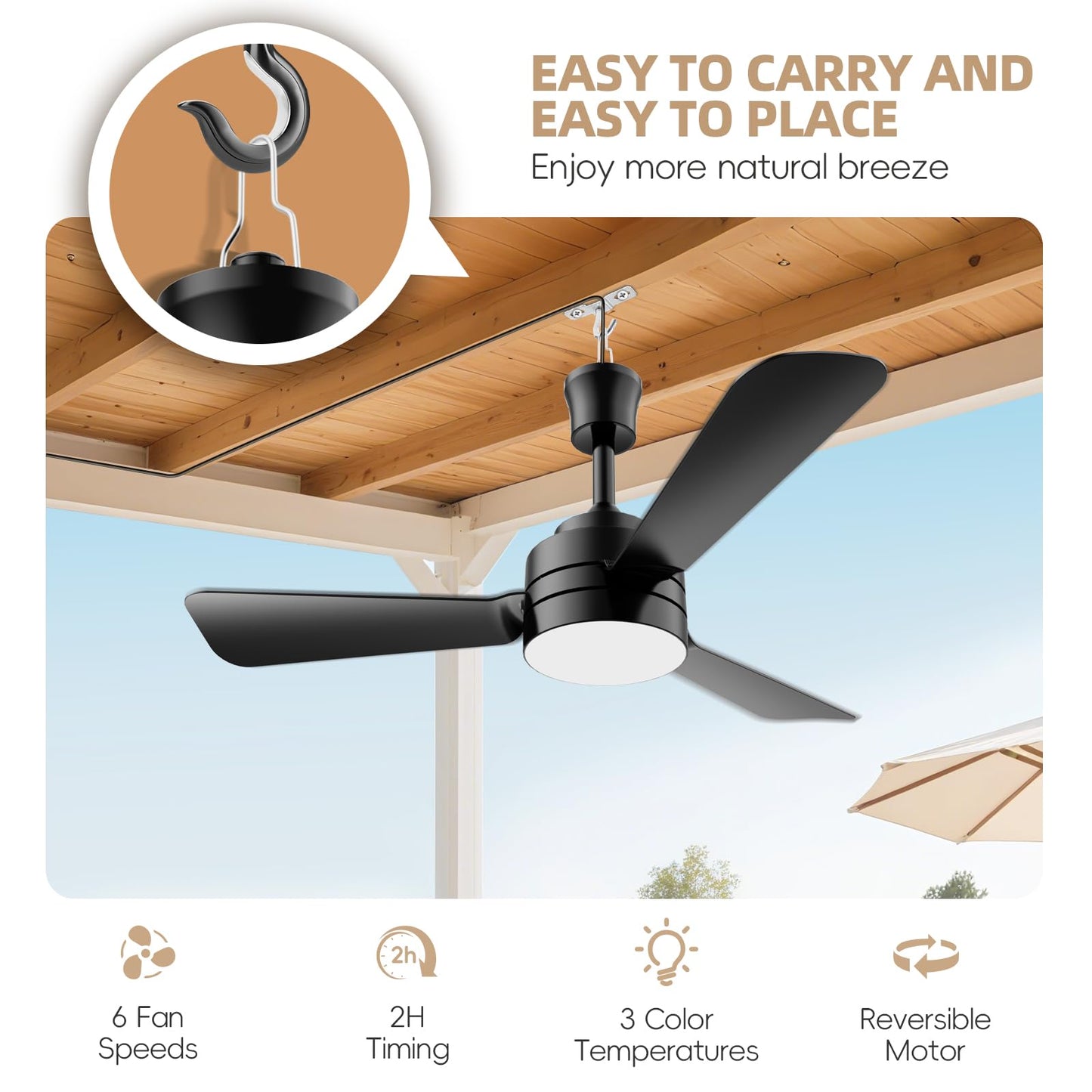 PBLALA 28" Gazebo Fan with Light,Plug in Ceiling Fan Light,Outdoor Ceiling Fan with Light,Hanging Fan with Hook,35W 3000-6500k,Remote/APP Control,Portable Fan Light for Patios,Porch