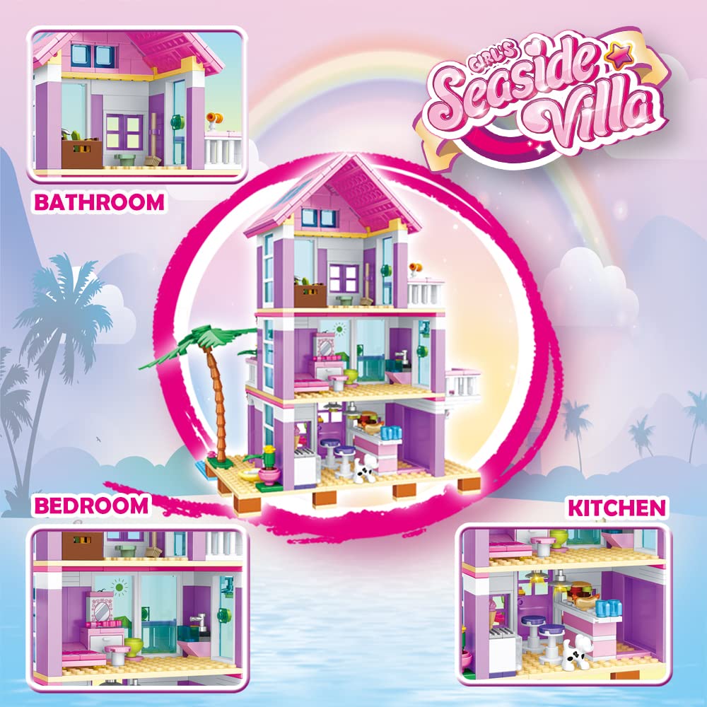 PUSITI Seaside Villa Building Set 573 Pieces Toys for Girls Building Blocks House Toys Beach Villa Construction Toys Holiday Cottage Bricks Toys for Girls Age 6+