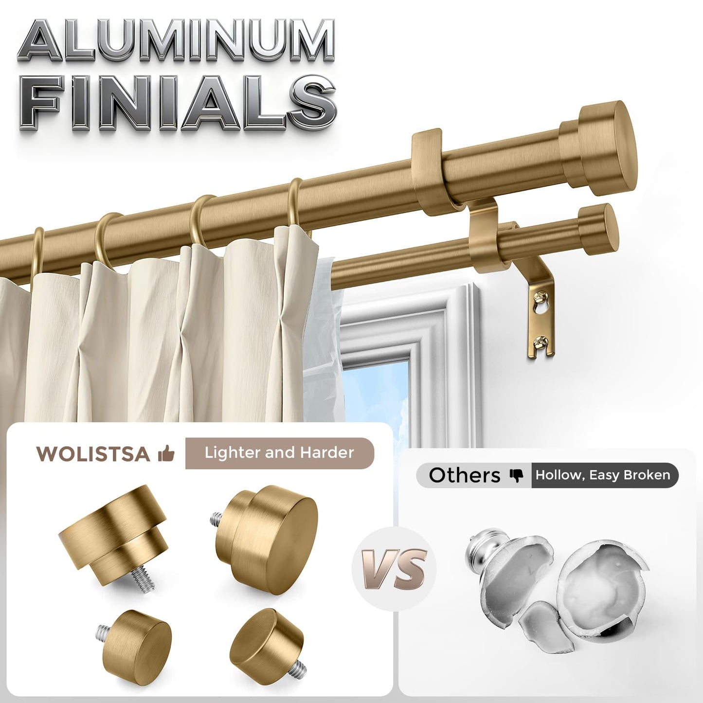 Wolistsa Brass Double Curtain Rod, Warm Gold Extra Long Dual Curtain Rods for Windows 36 to 153 Inch, 1 Inch Adjustable Heavy Duty Spliced Double Rod, Pro-Plating Process, Aluminium Finials