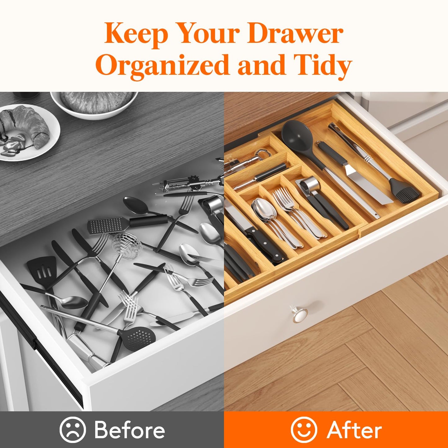 Lifewit Large Silverware Drawer Organizer, Expandable 21.4 to 36 Inches Wide, Bamboo Utensil Tray for Kitchen, Adjustable Flatware and Cutlery Holder for Spoons Forks Knives, 13 Compartments, Natural