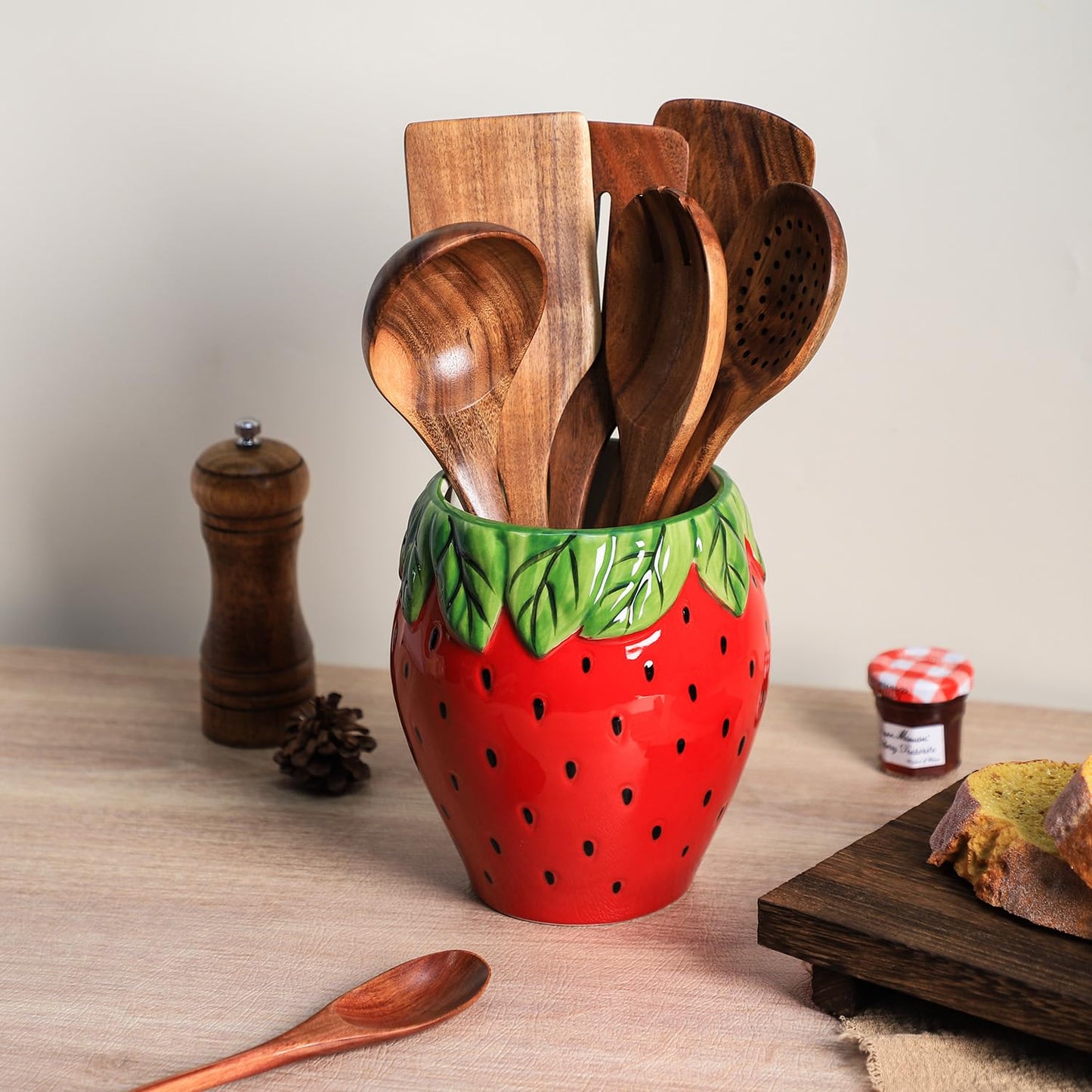 Bicuzat Strawberry Shaped Ceramic Kitchen Utensil Holder, Large Cooking Utensil Crocks for Kitchen Countertop, Ceramic Utensil Organizer for Spatula, Kitchen, Home Decoration-Retro Red