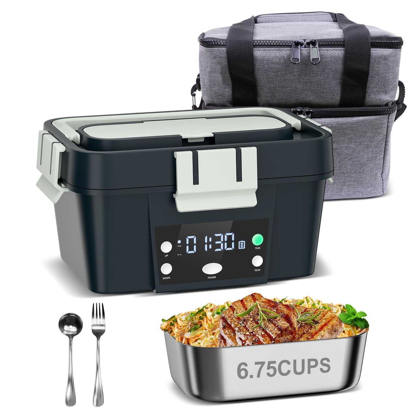 Heated Lunch Box Battery Powered with Automatic Heating, 16,000mAh Cordless Heatable Lunchbox for Adults, 1.6L Portable Food Warmer with Insulated Carry Bag Green