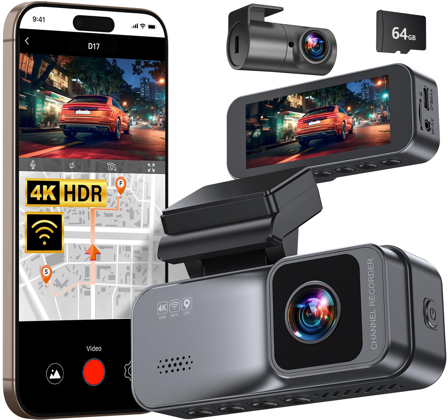KooBaCar 4K/2.5K Dash Cam Front and Rear, Dual Dash Camera for Cars, Included 64GB Card, Built-in Wi-Fi GPS,Car Camera with 3.20" IPS Screen,UHD Night Vision, Loop Recording, WDR, 24H Parking Monitor