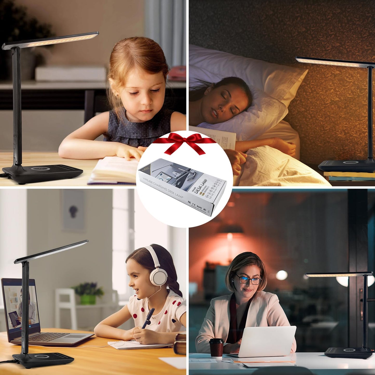 snsok Desk Lamp with Wireless Charger, USB Charging Port, Dimmable Office Desk Light with Clock, Alarm, Date, Temperature, Foldable Lamp for Table Bedroom Bedside Office (Black Pro)