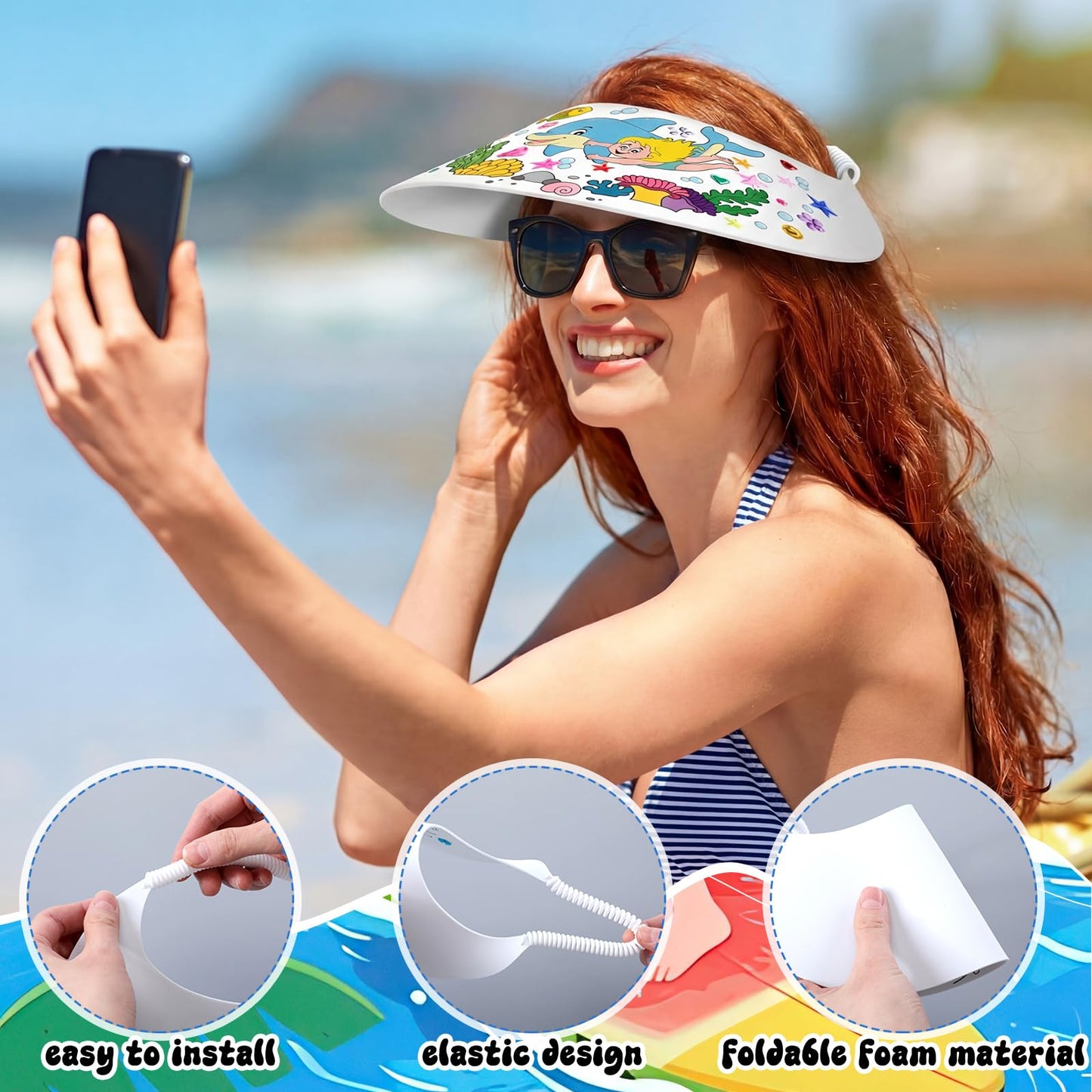 Bonuci 24 Pcs Summer Adjustable Foam Visors Bulk DIY Themed Sun Foam Visors with Markers Rhinestone Stickers Funny Elastic Summer Sun Hat for Crafts Outdoor Sports Party Camping Trips