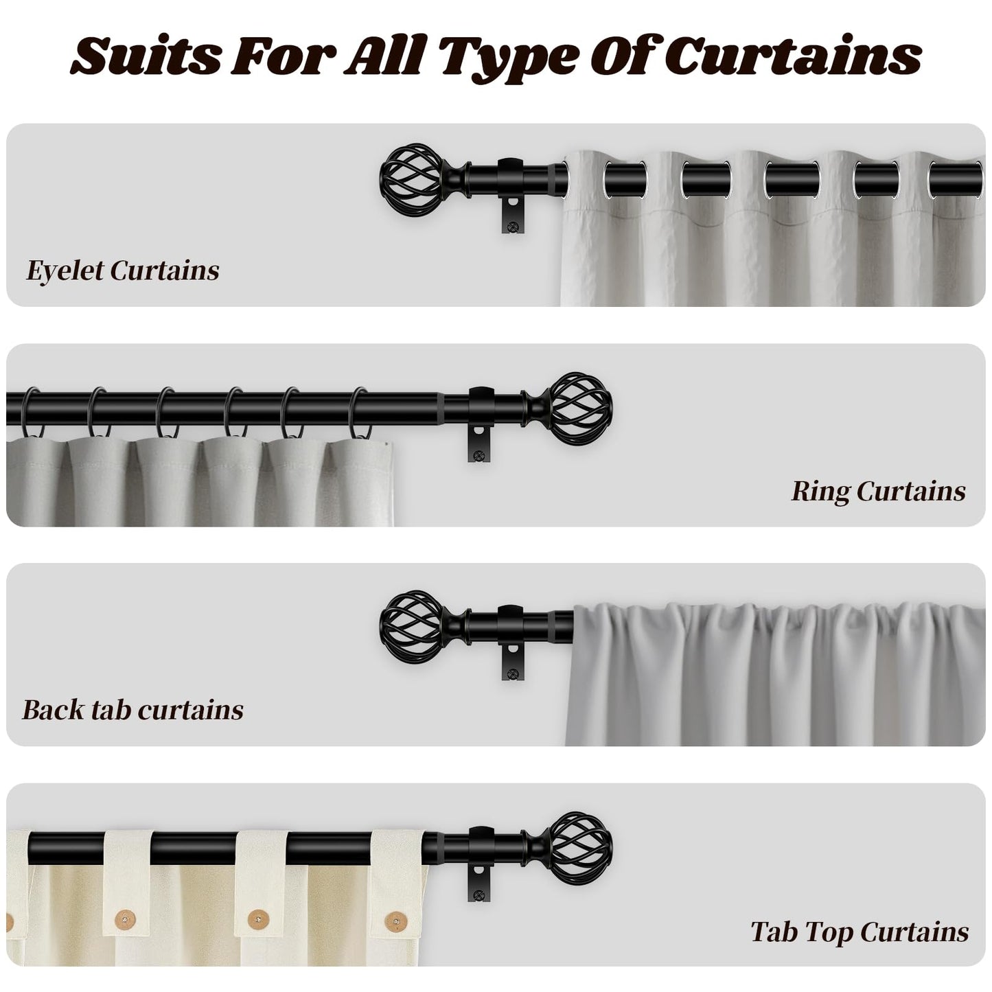Curtain Rods for Windows 36-120 Inch(3-10Ft), Matte Black Long Decorative Curtain Rod Adjustable, Heavy Duty 1 Inch Drapery Rod for Living Room Bedroom Kitchen Outdoor