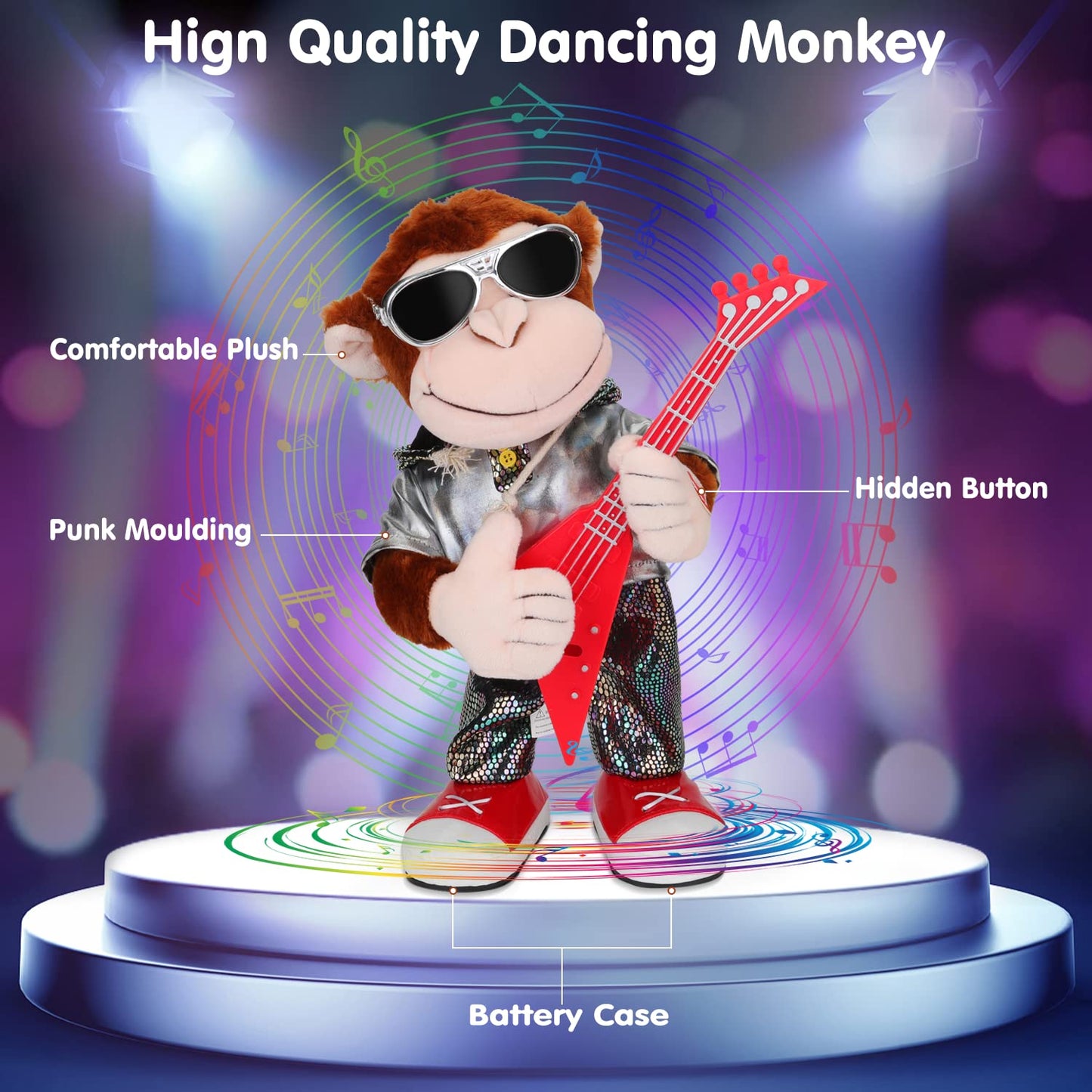 SWTOIPIG Dancing Monkey Plush Toy, Dancing Singing Stuffed Toy, Punk Shaped with Guitar, One Button Control, Educational Toy for Kids, Musical Intelligence Development