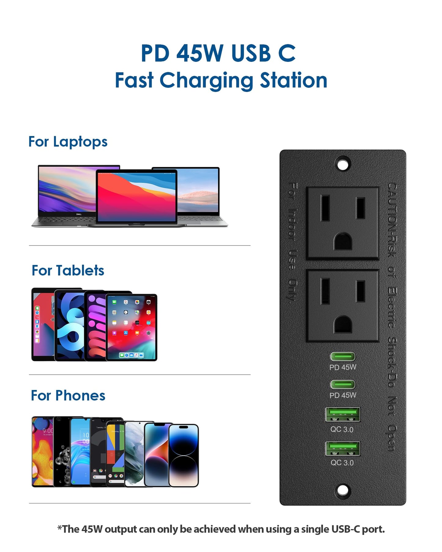 45W USB C Recessed Power Strip,Flush Mount Desk Recessed Outlet,Space-Saver for Furniture Side Table,2 USB-C &2 USB-A Ports,2 AC Outlets,6ft Cord,Ultra Thin Flat Plug