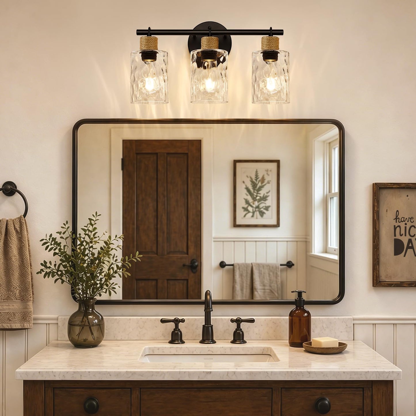 MOKATNG Bathroom Light Fixtures, 3-Light Coastal Vanity Lights with Crystal Glass Shade, Black Bathroom Wall Lamp for Mirror Kitchen Hallway Cabinet