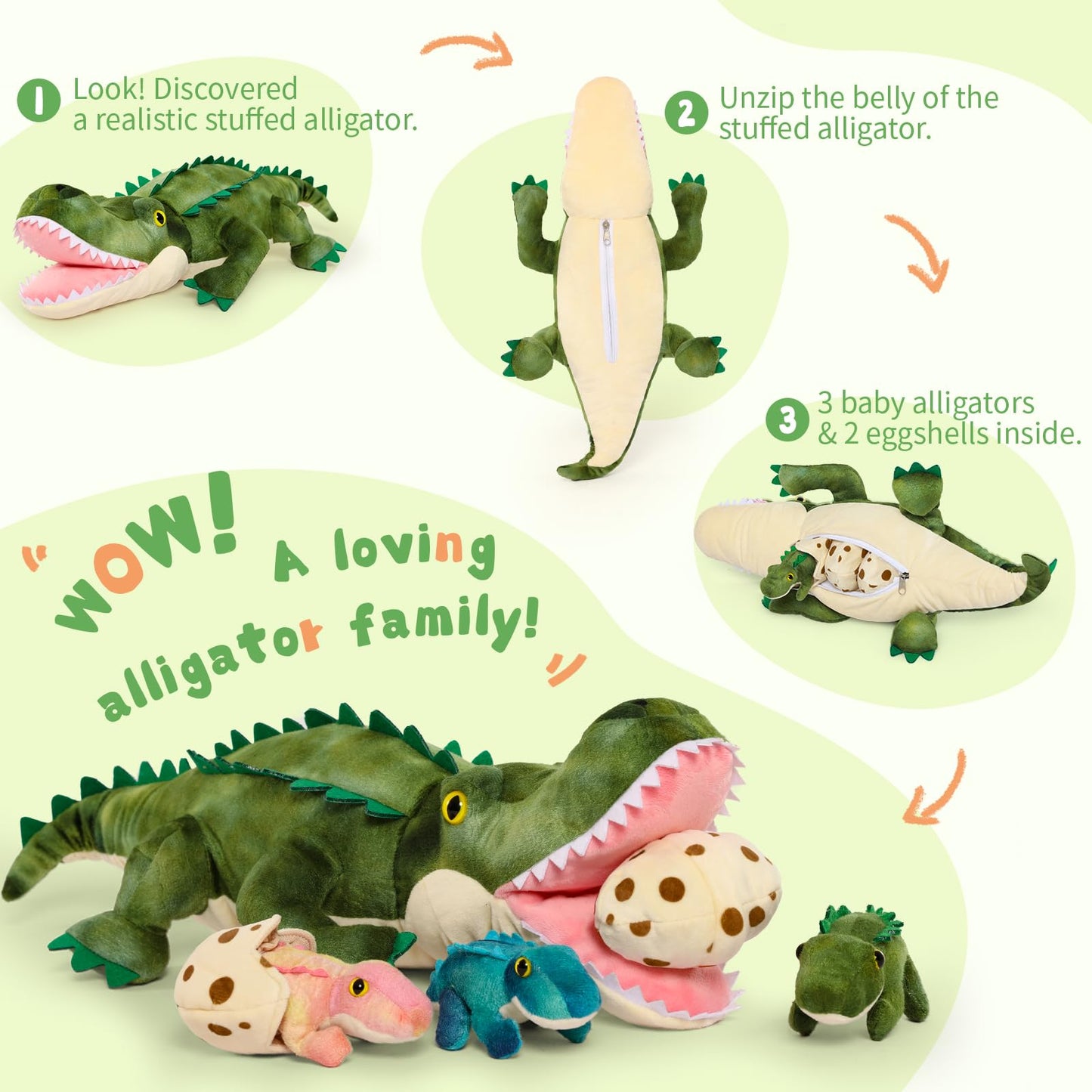 Karister Alligator Stuffed Animal 23.6", Mommy Crocodile Plush Toy with 3 Baby Crocodile, Stuffed Alligator Plush Gift,Stuffed Crocodile for Kids on Birthday,Christmas or Baby Shower