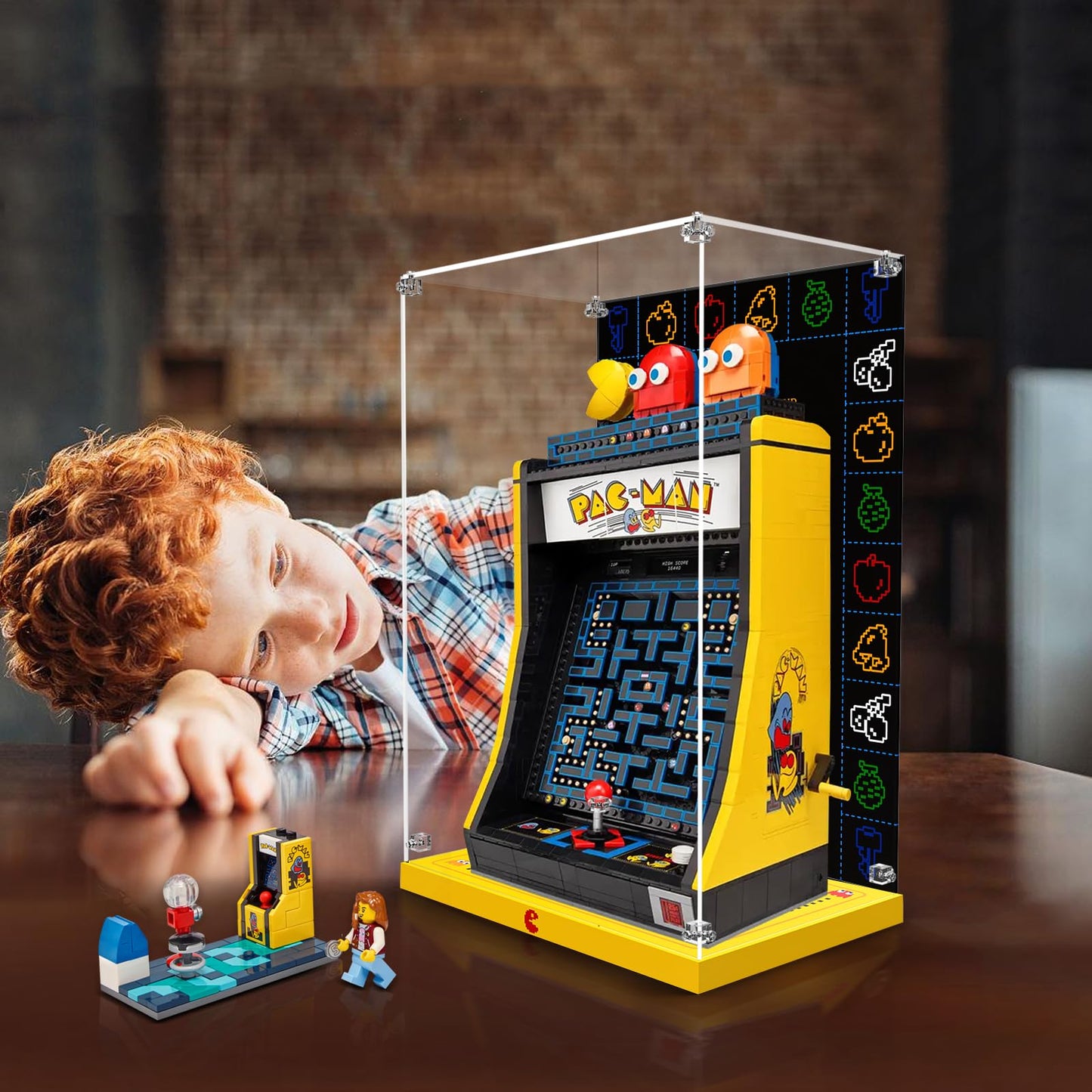 Acrylic Display Case for Lego Pac-Man Arcade Machine Building Toy Set, Dustproof Display Box for Lego Pac-Man Arcade Machine 10323, Customized Decorative Box & HD Painted Background