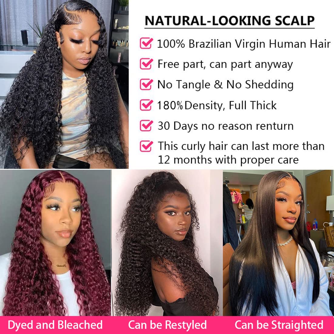Tipiuli Deep Wave Lace Front Wigs Human Hair 13x4 HD Transparent Lace Frontal Curly Wigs for Women Human Hair 180% Density Glueless Wigs Human Hair Pre Plucked with Baby Hair Natural Color (26 Inch)