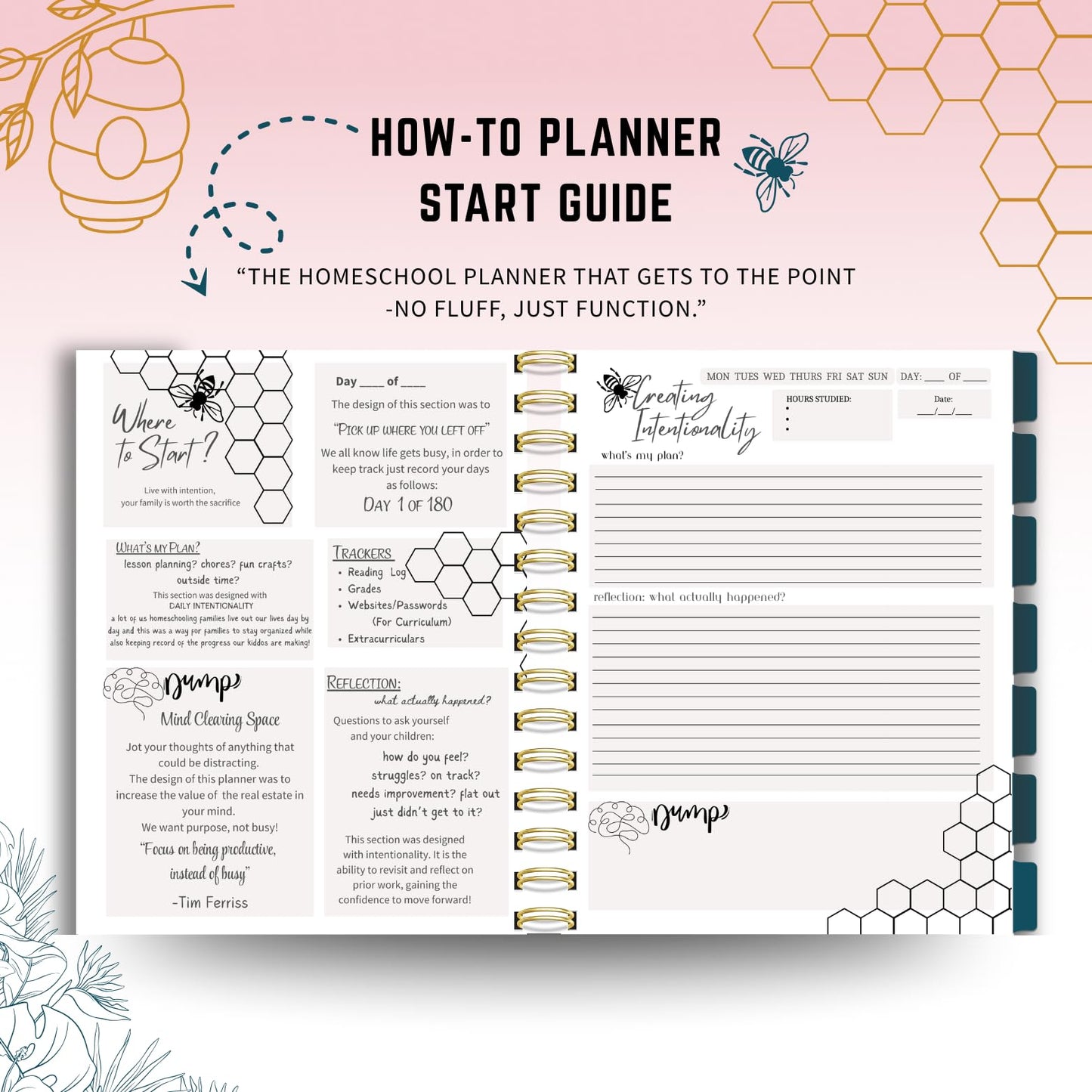 Homeschool Planner Undated for Moms - 180 Daily Pages + 12 Monthly Calendars | 8.5x11 Gold Spiral Bound | Attendance, Reading Log, Grade Tracker