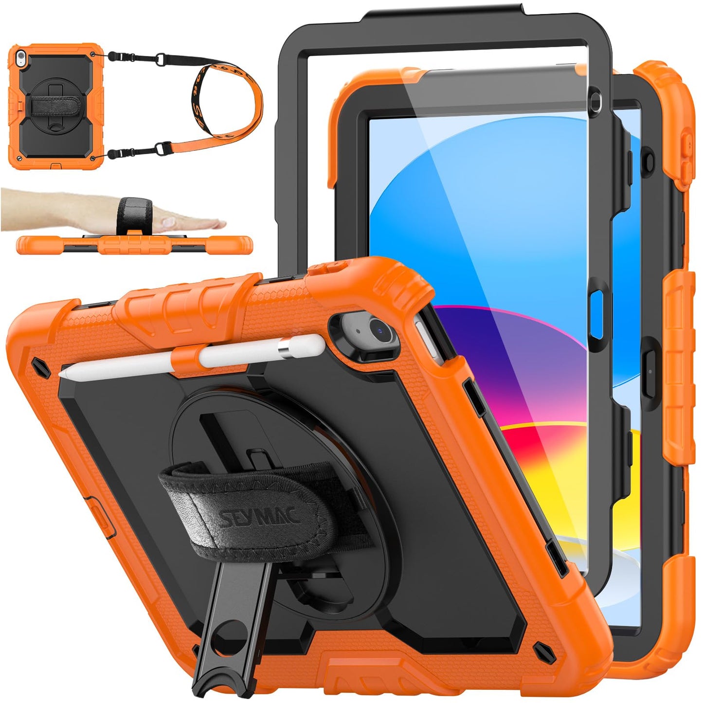 SEYMAC stock Case for iPad 10th Generation 10.9'', Full-Body Drop Protection Case with Screen Protector &360° Rotate Hand Strap/Stand, Black+Orange