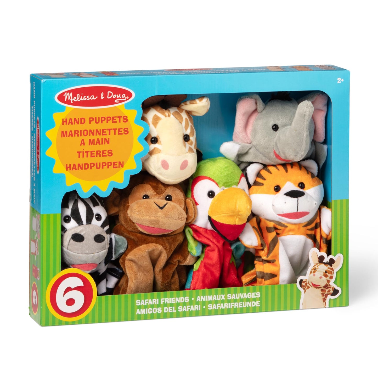 Melissa & Doug Safari Buddies Hand Puppets, Set of 6 (Elephant, Tiger, Parrot, Giraffe, Monkey, Zebra) Soft, Plush Puppet, Stuffed Animals, Pretend Play Toddler Toys for Girls & Boys 2+