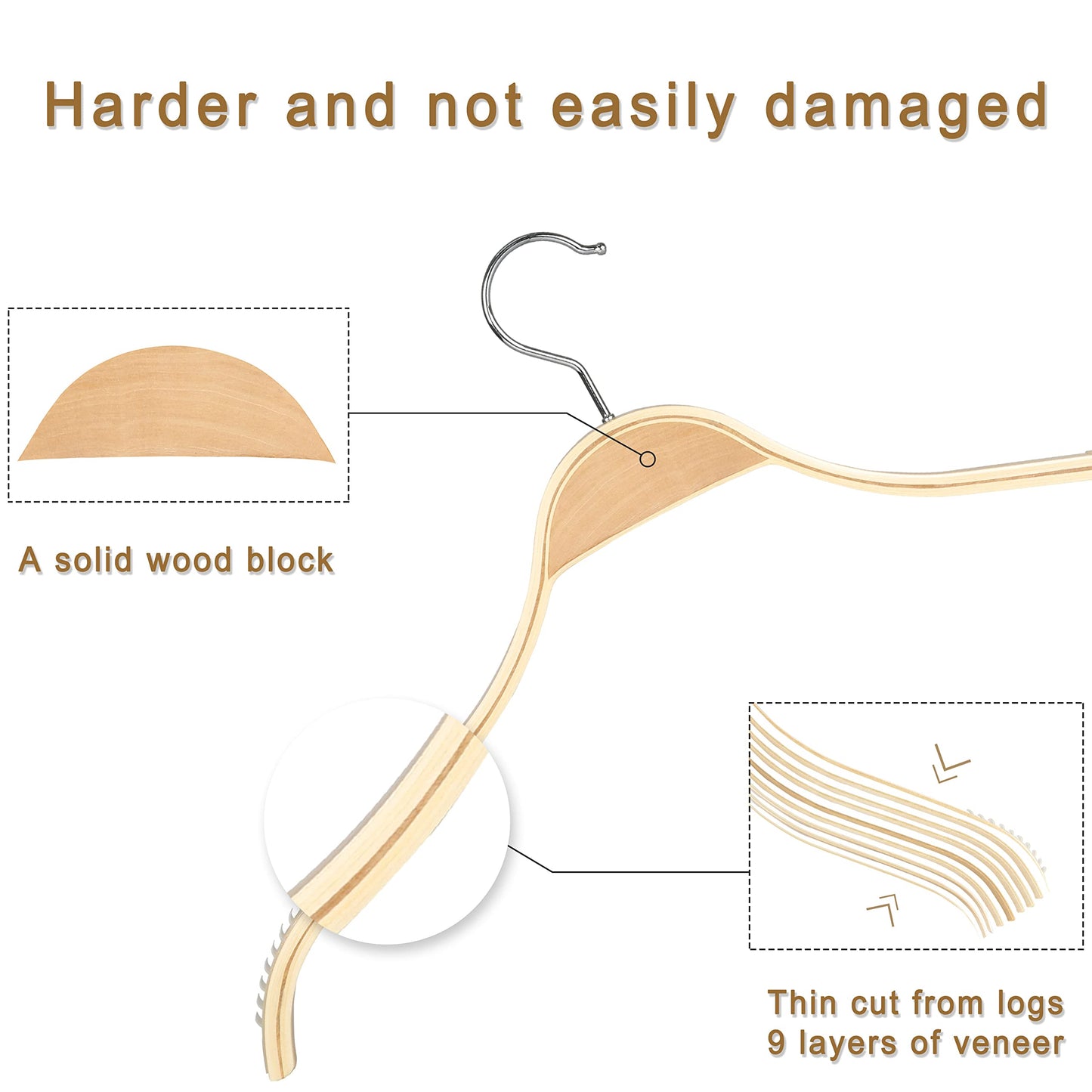 TOPIA HANGER Slim Natural Wood Hangers with Extra Soft Non-Slip Rubber Grips, 18-Pack High-Grade Fashion Hanger No Shoulder Bump for Sweater, Camisole, Jacket, Dress, Coat -CT16N