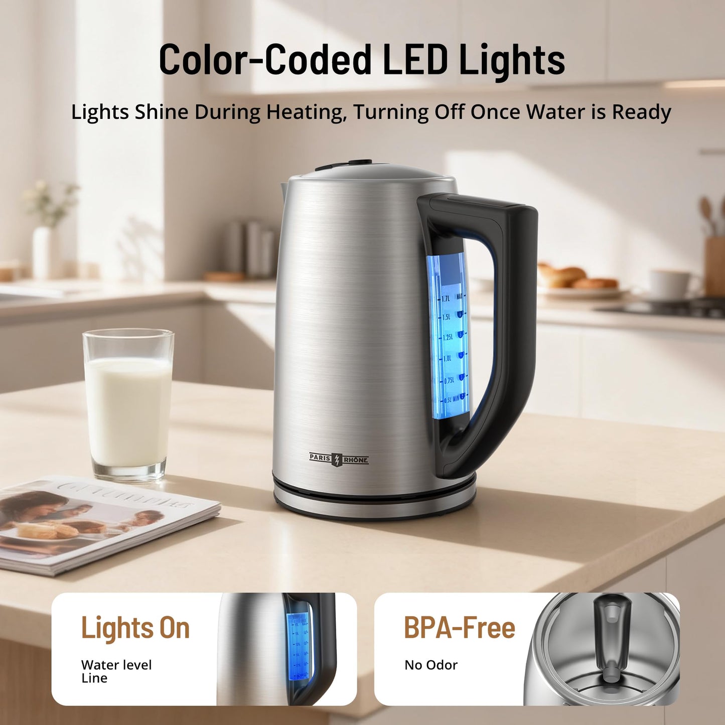 Electric Tea Kettle, PARIS RHÔNE 6 Precise Temperature Presets 1.7L Stainless Steel Electric Kettle Temperature Control,1500W Fast Boiling Hot Water for Oolong & Green Tea with Strix Control