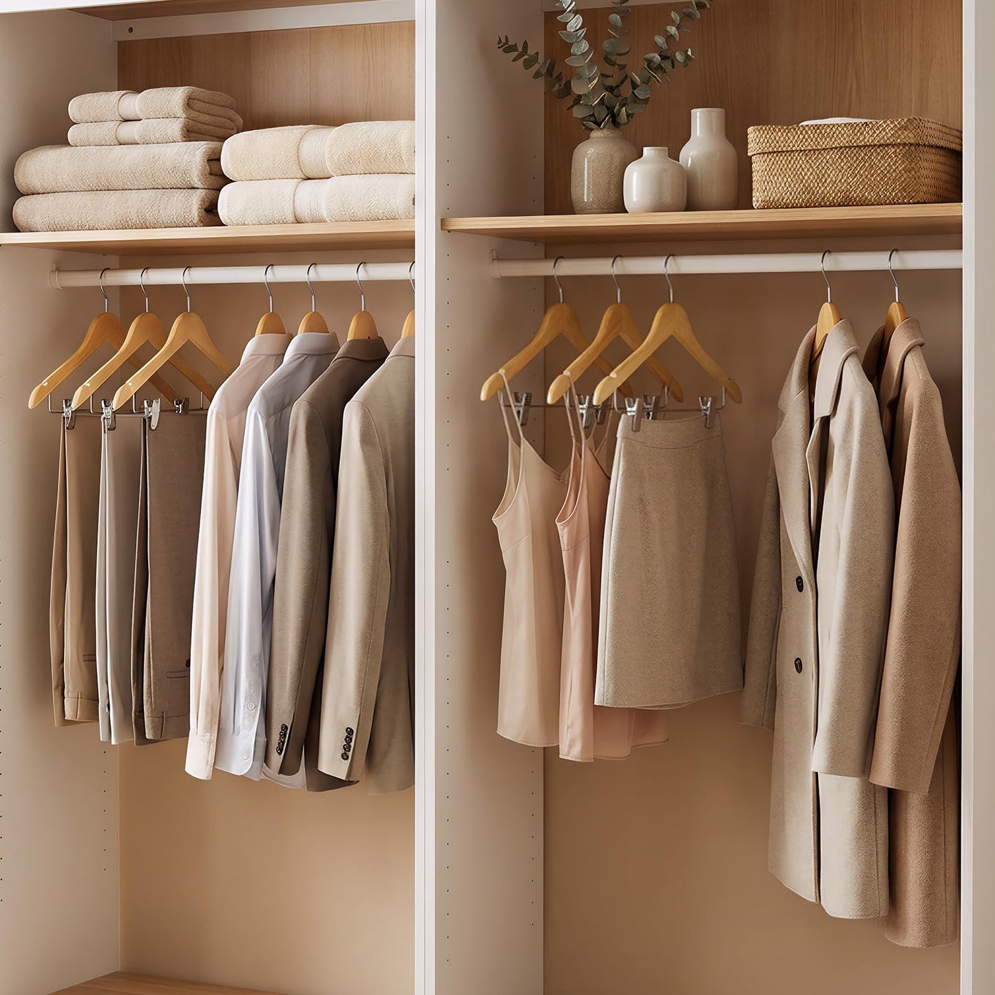HOUSE DAY 24 Pack High-Grade Wooden Suit Hangers Skirt Hangers with Clips Solid Wood Pants Hanger Natural Smooth Finish Premium Wood Hanger with Durable Metal Clips for Blouse, Dress, Coat, Jacket