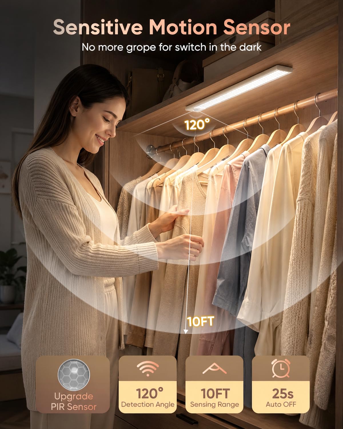 16inch Under Cabinet Lighting, 216LED Motion Sensor Light Indoor, Rechargeable Closet Lights, 3 Color Temps, Dimmable, Wireless Under Counter Lights for Kitchen, Stairs, Pantry, 4 Pack