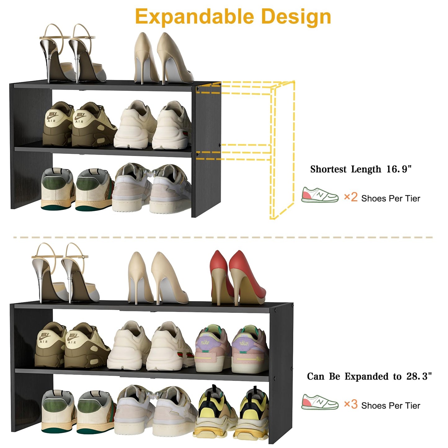 Black Shoe Rack Organizer for Closet, 2-Tier Expandable Shoe Shelf, Stackable Iron Wood Combination Small Shoe Racks Shelves for Closets, Entryway,Small Space,Hallway,Garage,6-12 Pairs
