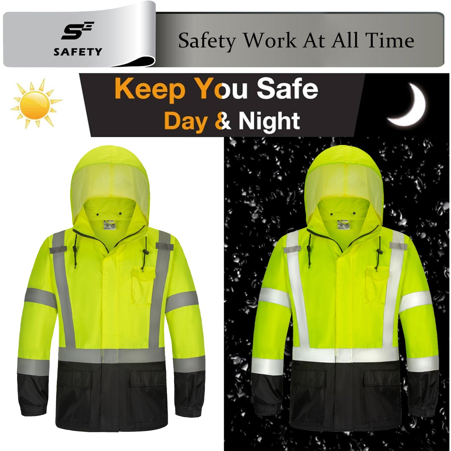 High Vis Rain Jacket, Rain Suits for Men Waterproof with Black Bottom, Class 3 Rain Coats for Men Interior Mesh, High Visibility Rain Gear, Removable Hood Orange (4XL/5XL)