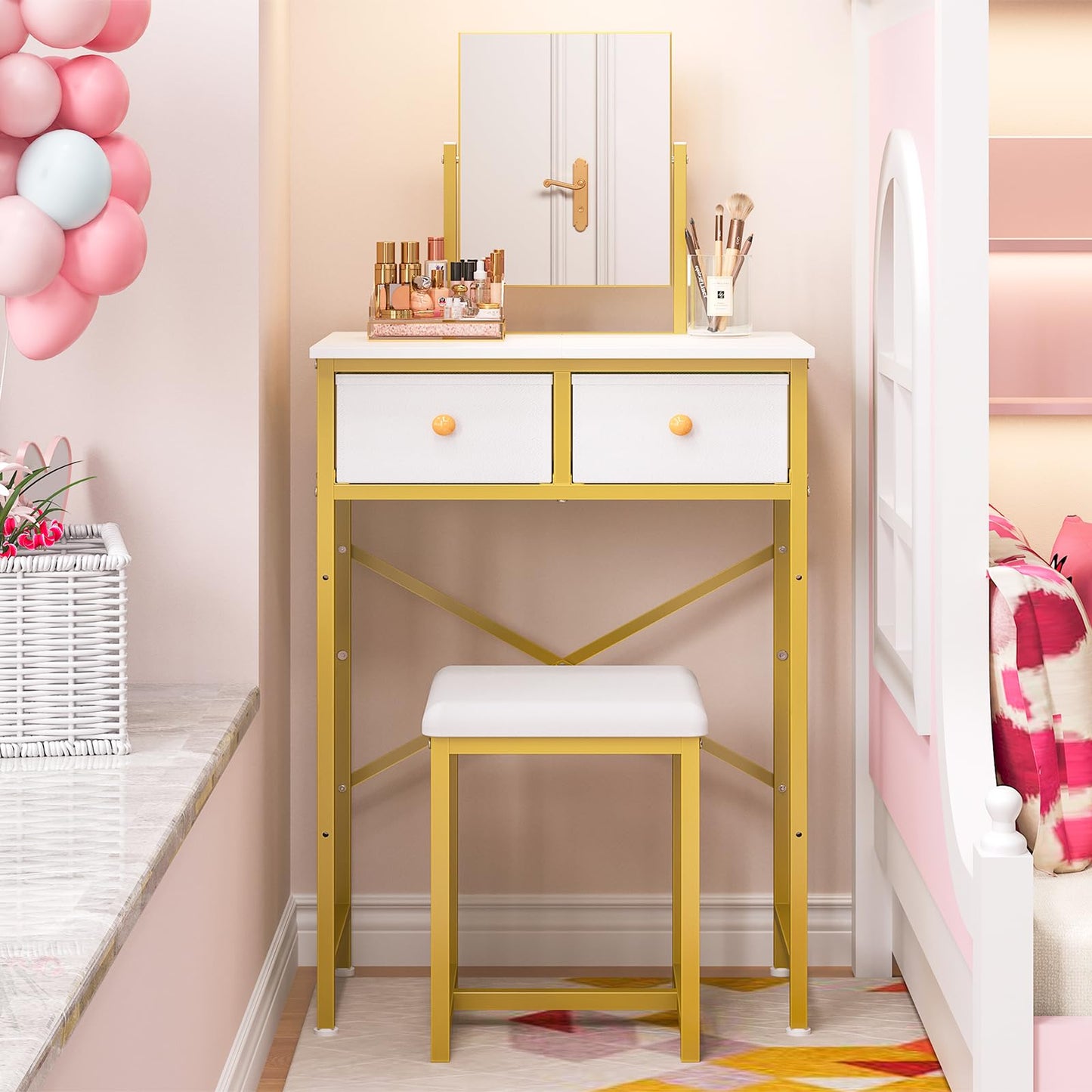 X-cosrack Small Makeup Vanity Desk with Mirror & Chair, Mini Vanity Desk Table Set with Fabric Storage Drawer, 19.7" Compact Vanity Desk for Girls, Dressing Table with Chair for Bedroom, White Golden