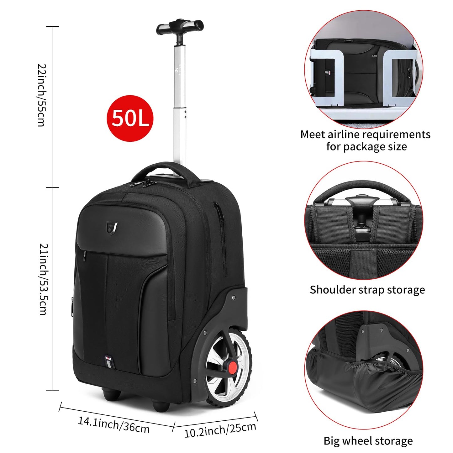 GOTECH Rolling Backpack,Waterproof Backpack with Wheels for Business and Travel Commuter, Carry on Backpack with Laptop Compartment, Fit 17 Inch Laptop, Wheeled Backpack for Adults