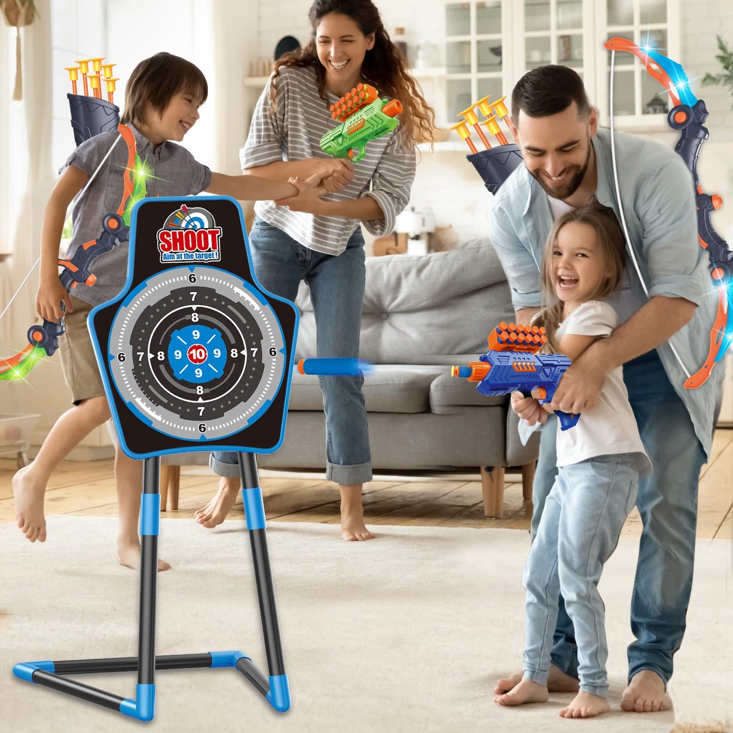 SpringFlower 2 Bow and Arrow Sets with LED Light-up,2 Foam Dart Guns for Kids 5 6 7 8 9 10+ Years Old, Archery Set with Standing Target for Boys & Girl, for Kids