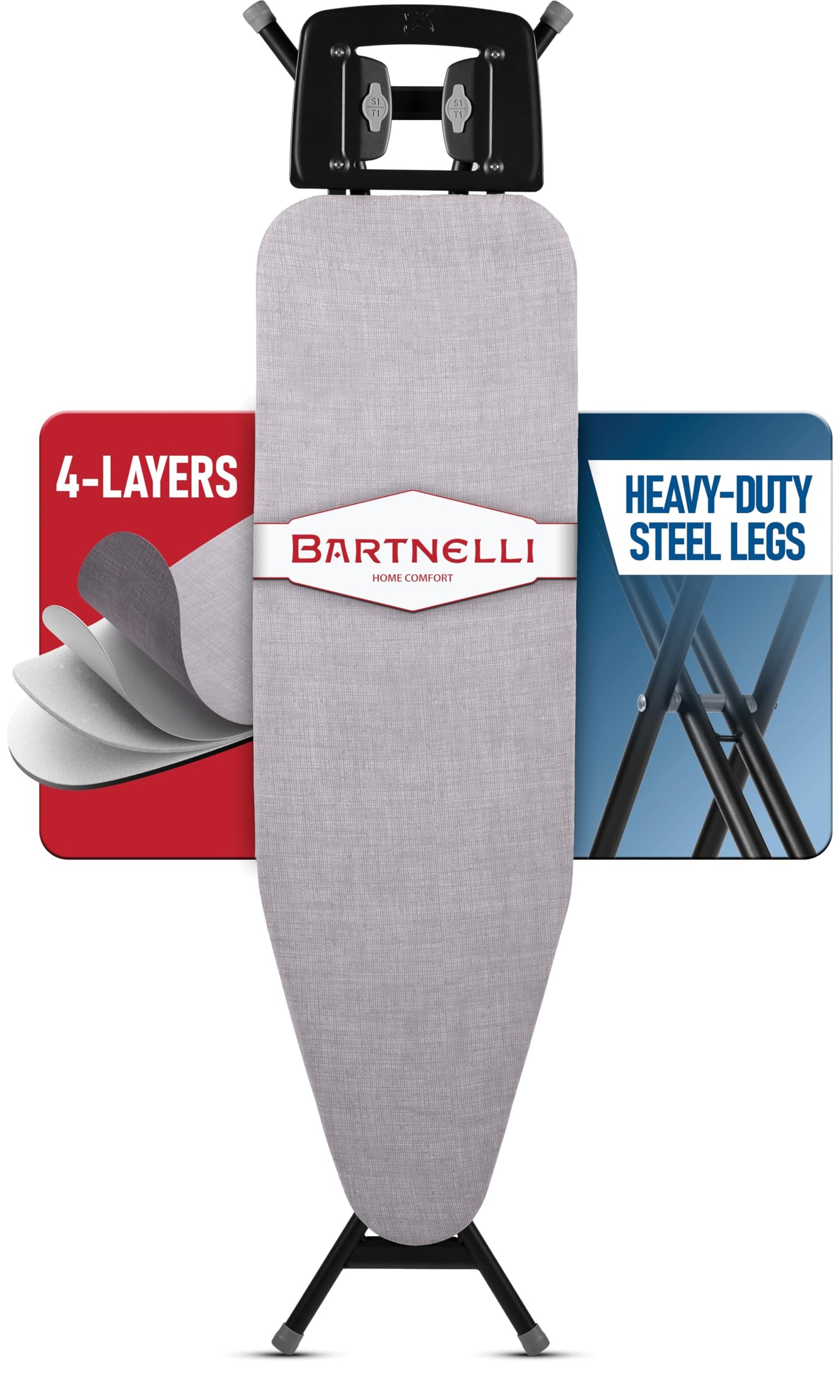 Bartnelli Extreme Stability Ironing Board 43x13 Upgraded Heavy-Duty Metal Frame & Iron Rest, Height Adjustable, Foldable, 4 Non-Skid Feet, 100% Cotton Cover, Made with Patent European Engineering