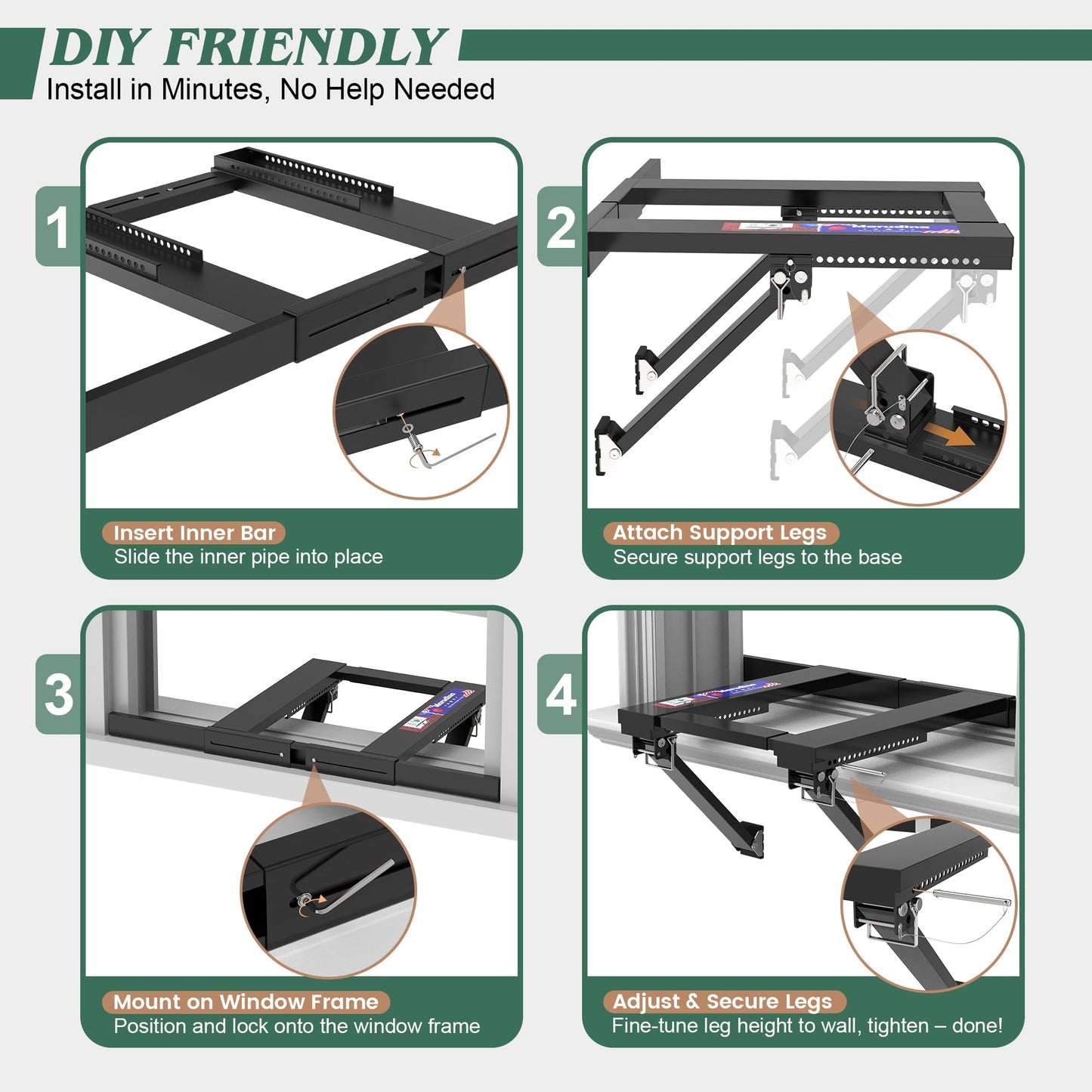 Marudina Upgraded No-Drill Window AC Bracket, Adjustable Window Air Conditioner Support Bracket for Single/Double Hung Windows, Heavy-Duty Holds 300lbs,Easy Installation, Rustproof Aluminum