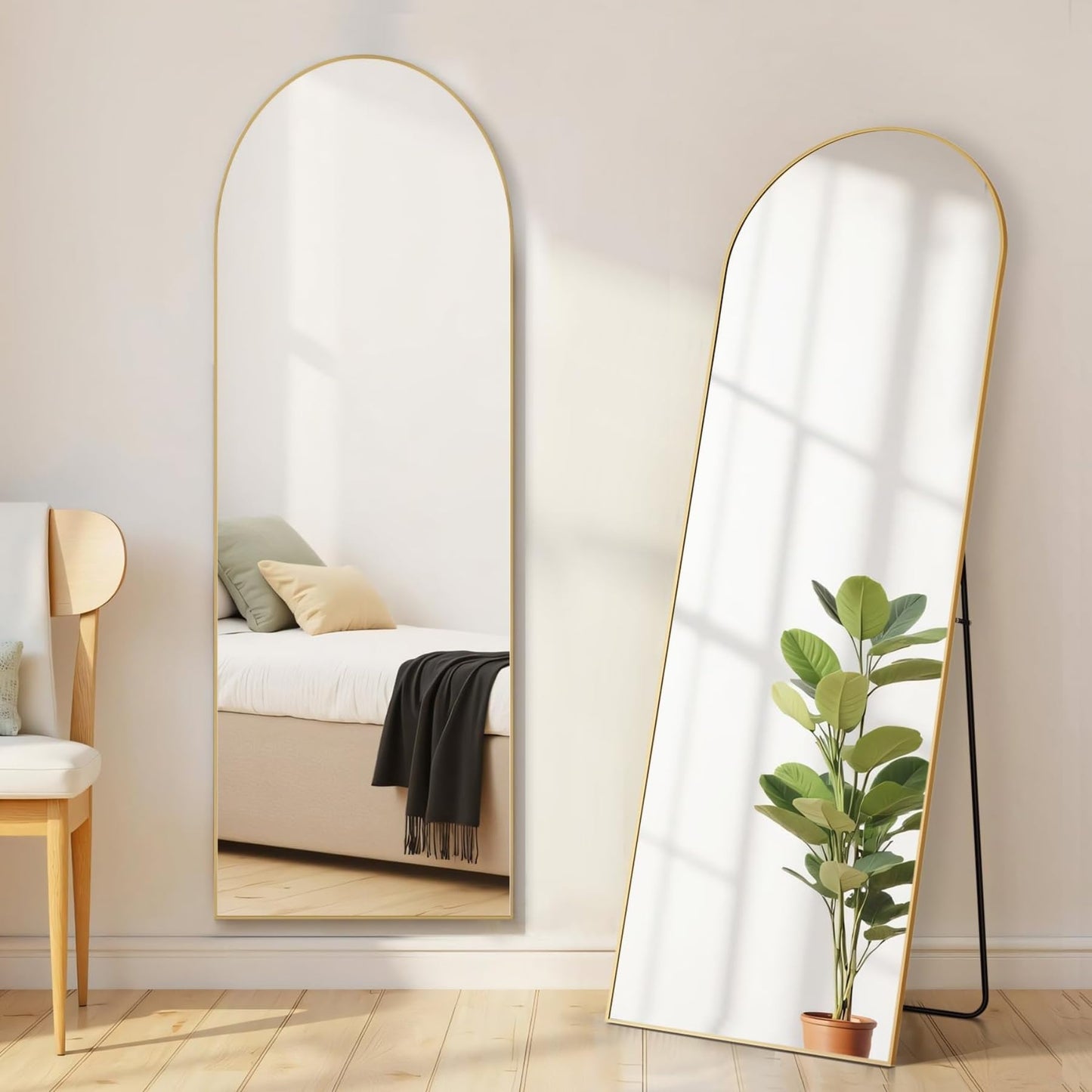 Aidoly Arched Mirror Full Length, Upgraded 16"x59" Body Wall Mirrors with Shatter-Proof Glass, Floor Standing, Hanging or Leaning, Tall Arch Mirror with Stand Aluminum Alloy Frame for Bedroom, Gold