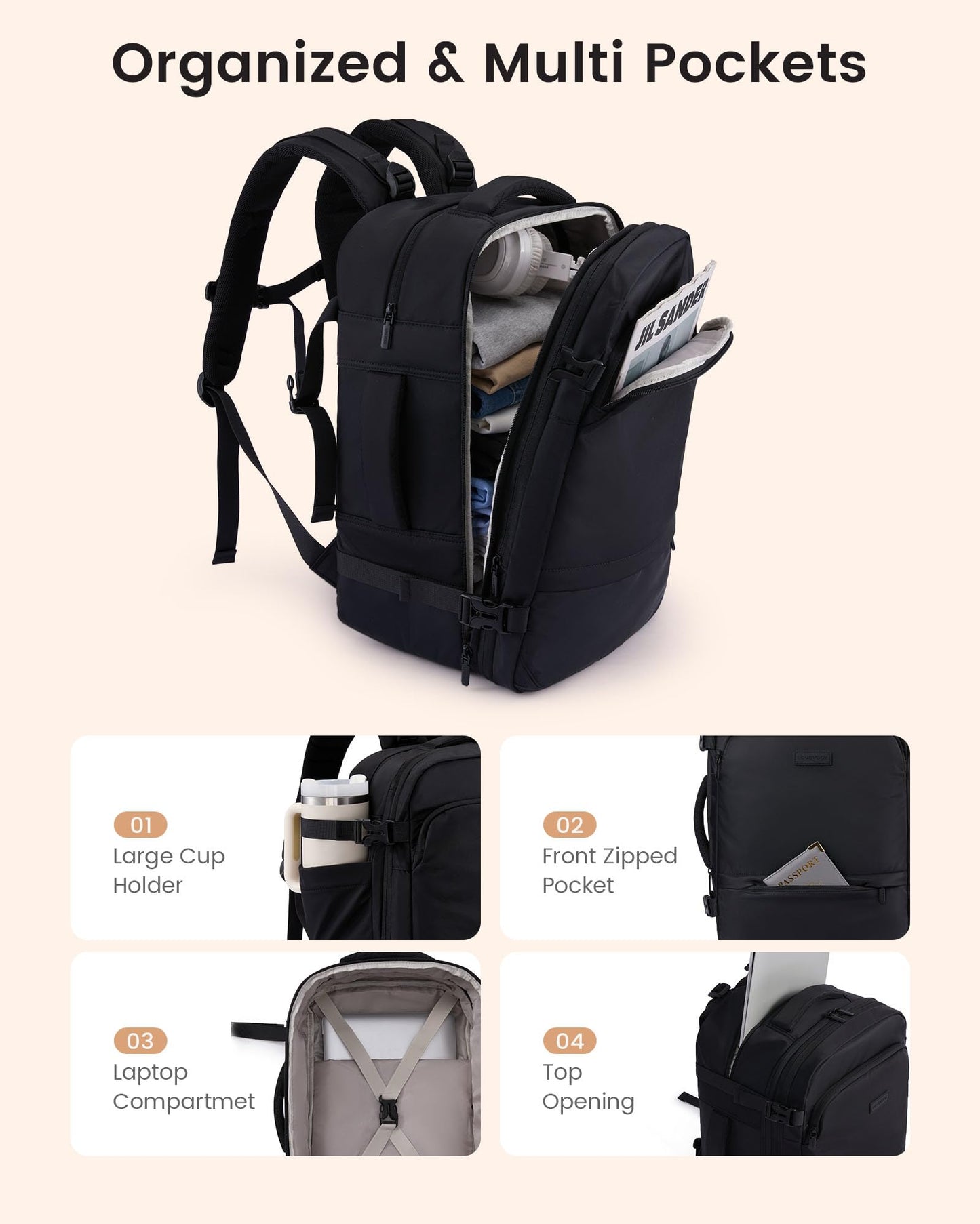 LOVEVOOK Travel Backpack for Women & Men, Carry On Backpack with Cup Holder, Personal Item Travel Bag Flight Approved with Padded Laptop Compartment, Weekender Daypack With 2 Cubes, 17.3 Inch Black