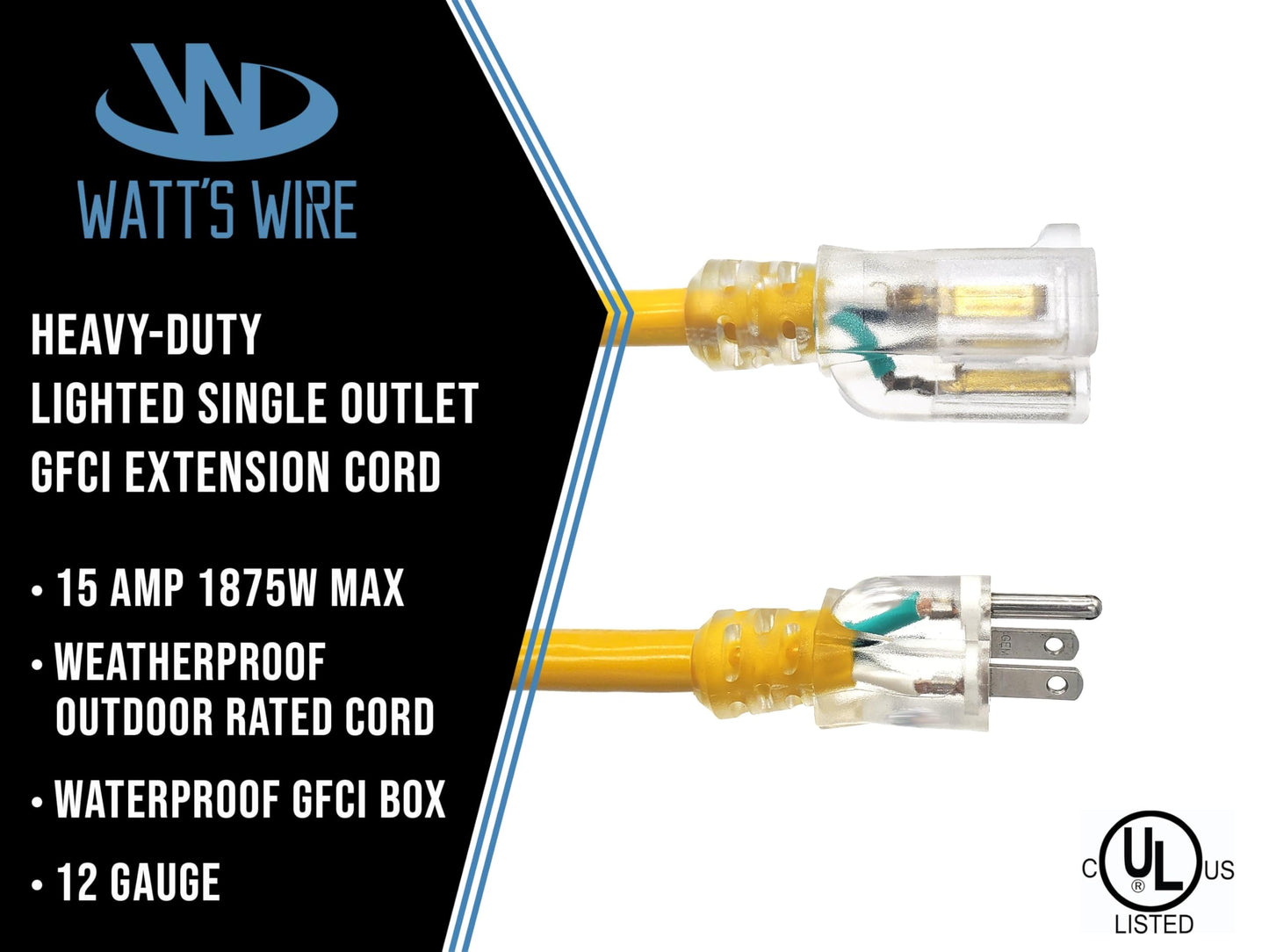 15 ft GFCI Extension Cord - 12 Gauge Outdoor Extension Cord - Lighted Single Outlet by Watt's Wire - 15' 12-Gauge Grounded 15 Amp Cord - GFI Cord Outdoor - extensiones electricas