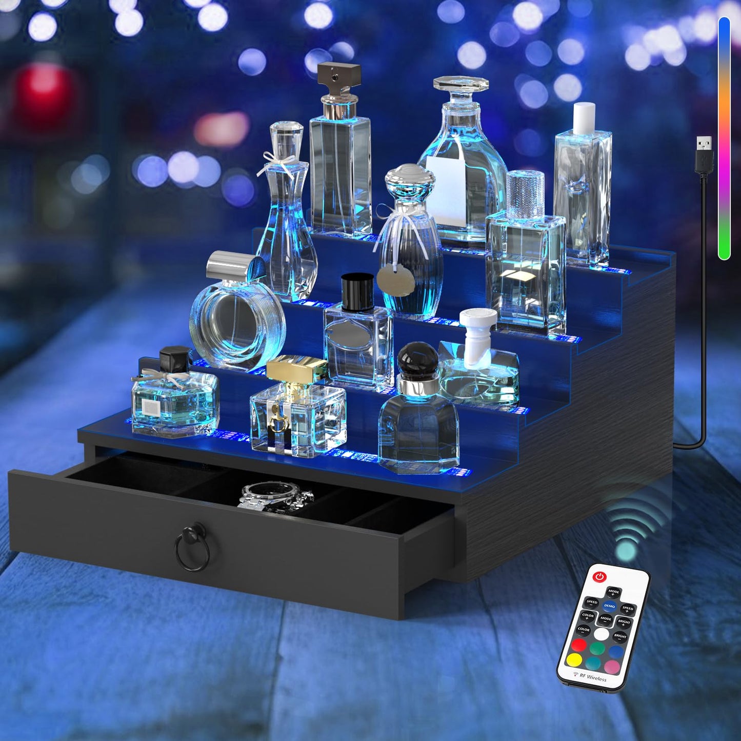 LED Lighted Cologne Organizer for Men, 4 Tier Wood Perfume Organizer with Velvet Lined Drawer, Multi Lighting Modes Perfume Display Holder with Remote Control, Cologne Shelf Stand, Nice Gift for Men