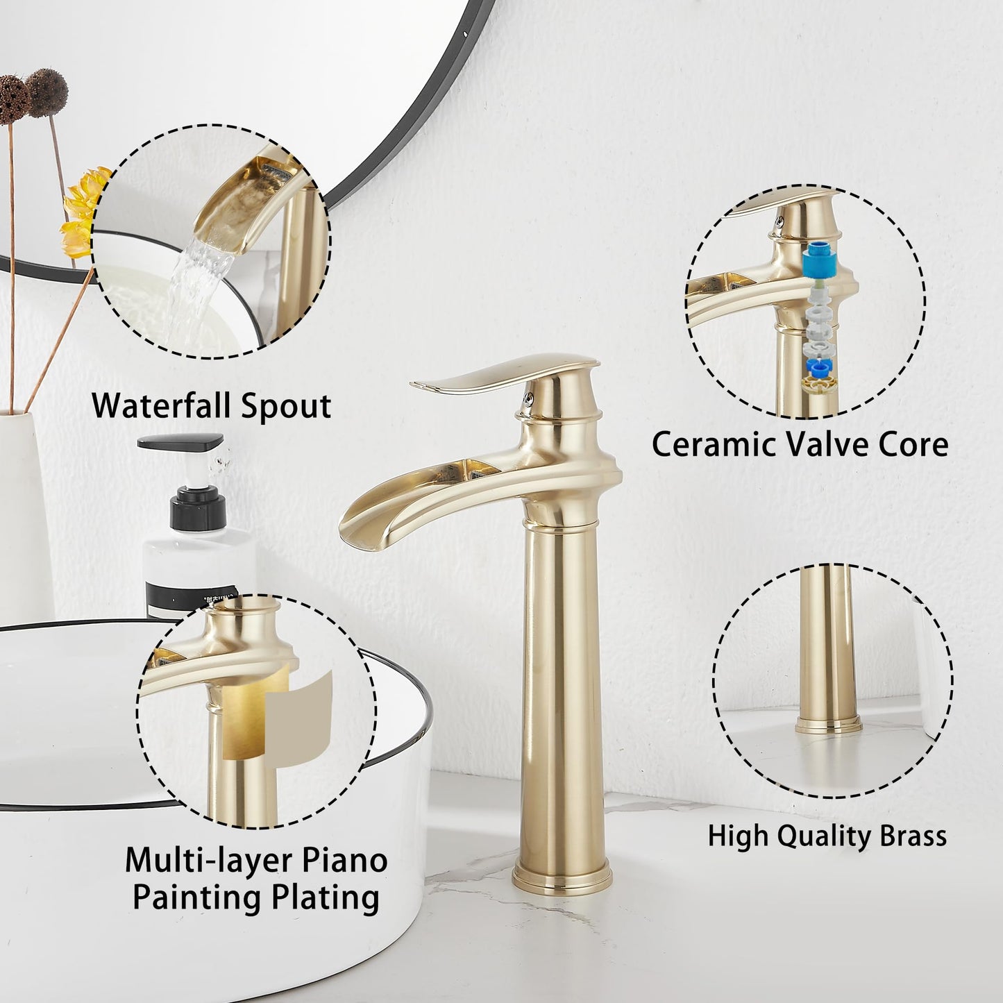Brushed Gold Bathroom Faucet GGStudy Single Handle 1 Hole Farmhouse Waterfall Bathroom Vessel Sink Faucet Matching with Pop Up Drain