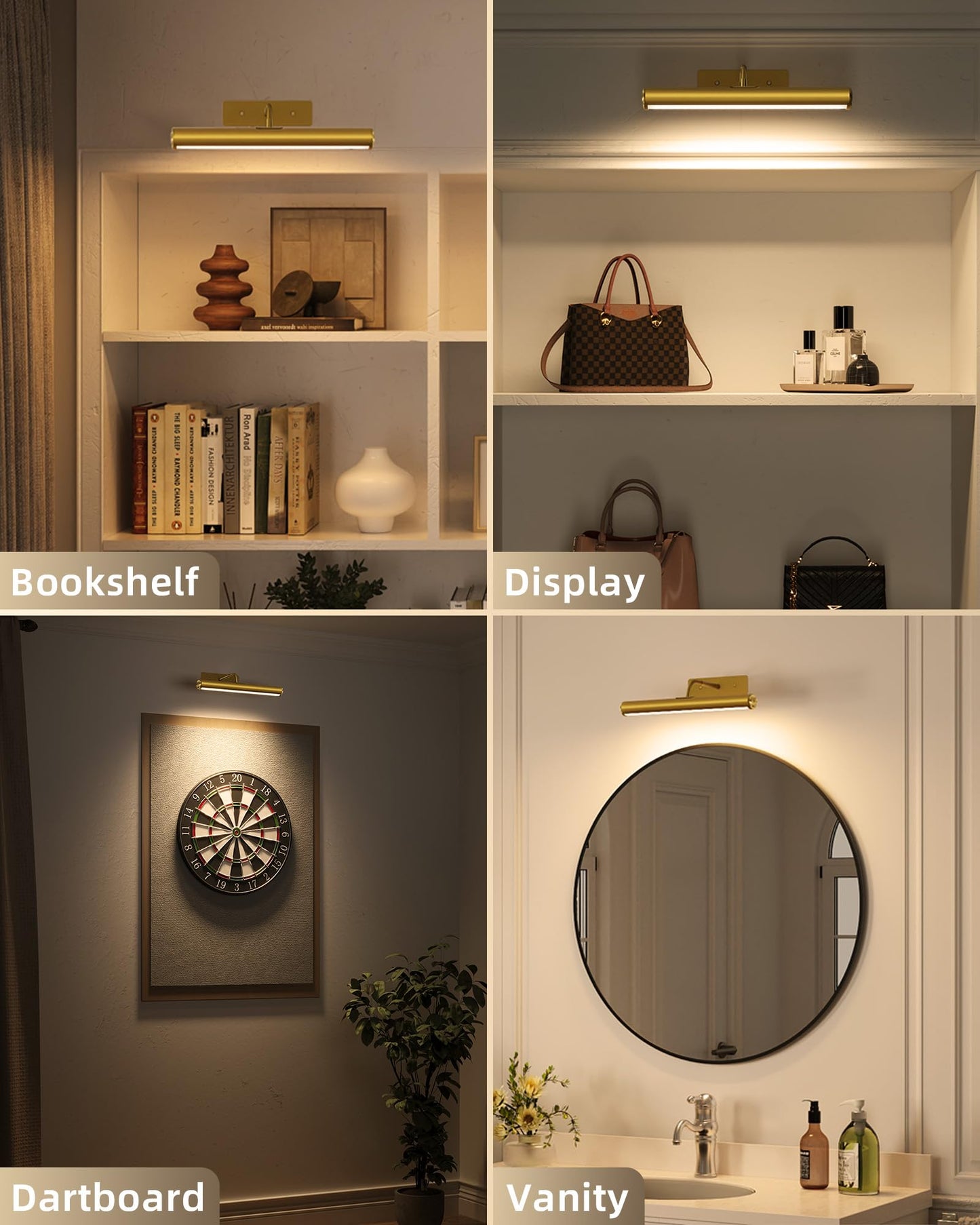 EZVALO Picture Light for Wall, ⁠13-Inch Wireless Rechargeable 4000mAh LED Art Light with Remote, Dimmable 3 Color Temps, Battery Operated Wall Light for Living Room, Bedroom, Gallery (Gold, 2 Pack)