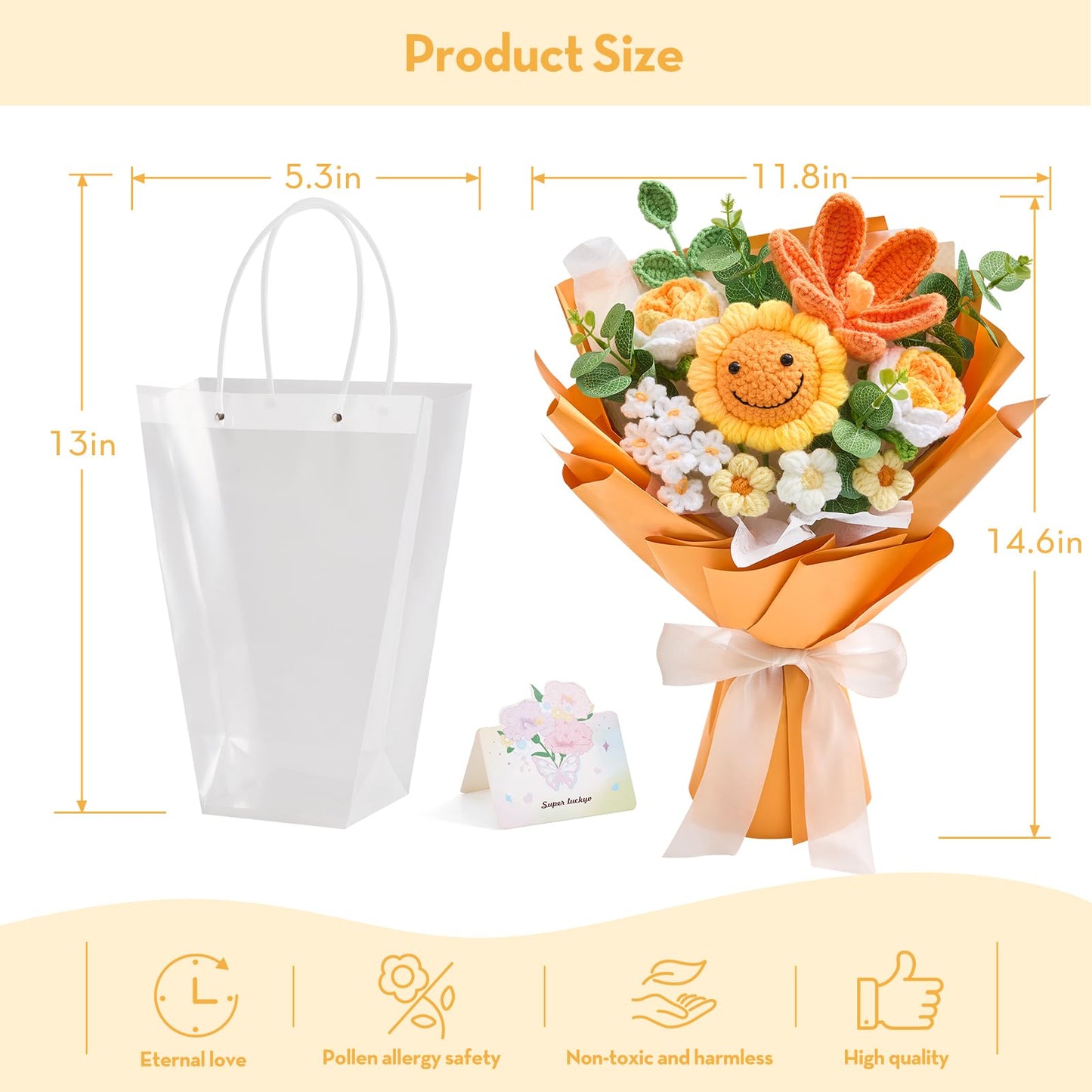 Faylifeway Crochet Flower Bouquet, Handmade Knitted Flowers,Orange Crochet Sunflower Bouquet for Lover Birthday, Anniversary, Wedding, Homecoming Gifts(Include Card)