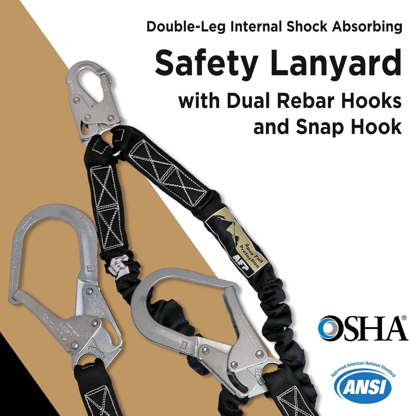 AFP 6FT Double Leg Internal Shock Absorbing Safety Fall Protection Lanyard with Dual Pelican Rebar & Snap Hook |Heavy-Duty Webbing | OSHA & ANSI Rated (Steel)