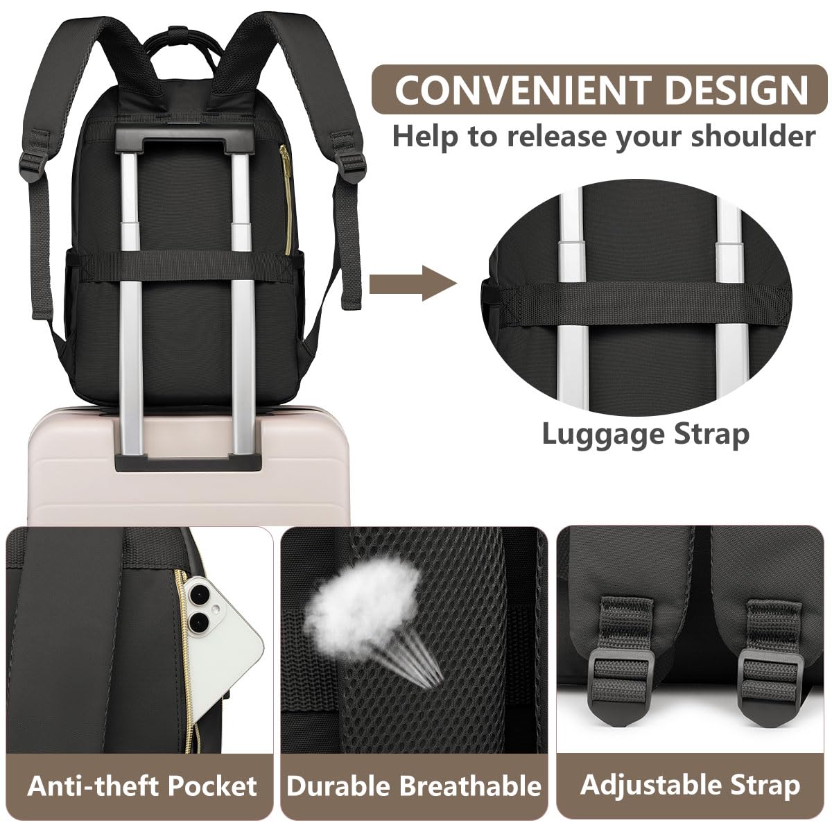 Laptop Backpack for Women Work Bag - 15.6 inch Black Travel Backpack College Backpack with USB Charger Business Office Back Pack for Teacher Casual Waterproof Bookbag for Nurses