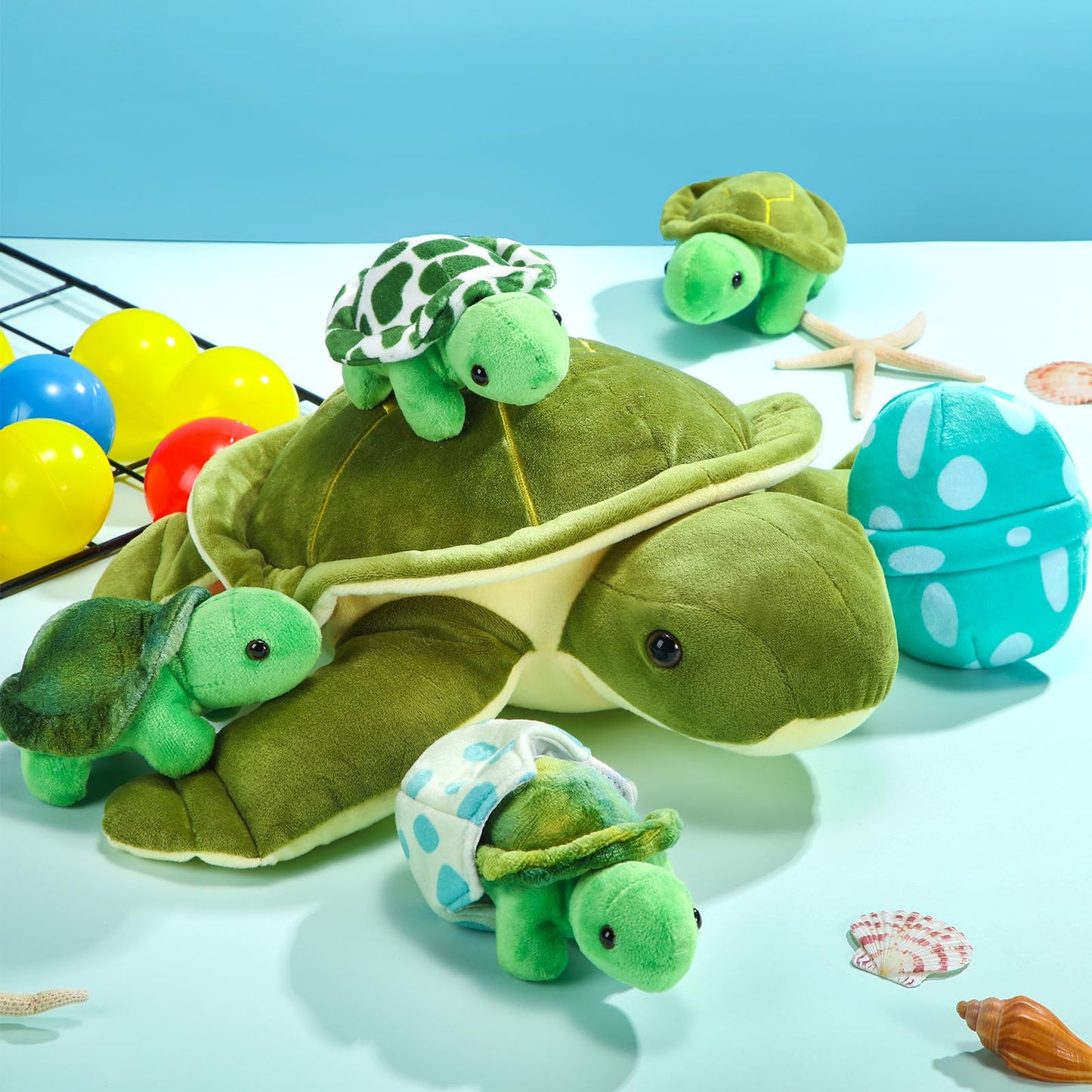 Aoriher 6 Pieces Sea Turtle Stuffed Animal with Babies 12" Mommy Stuffed Sea Turtle with 3 Little Plush 2 Plush Eggs Soft Pillow Tortoise Hugging Gifts for Kids Birthday Baby Shower Party(Classic)