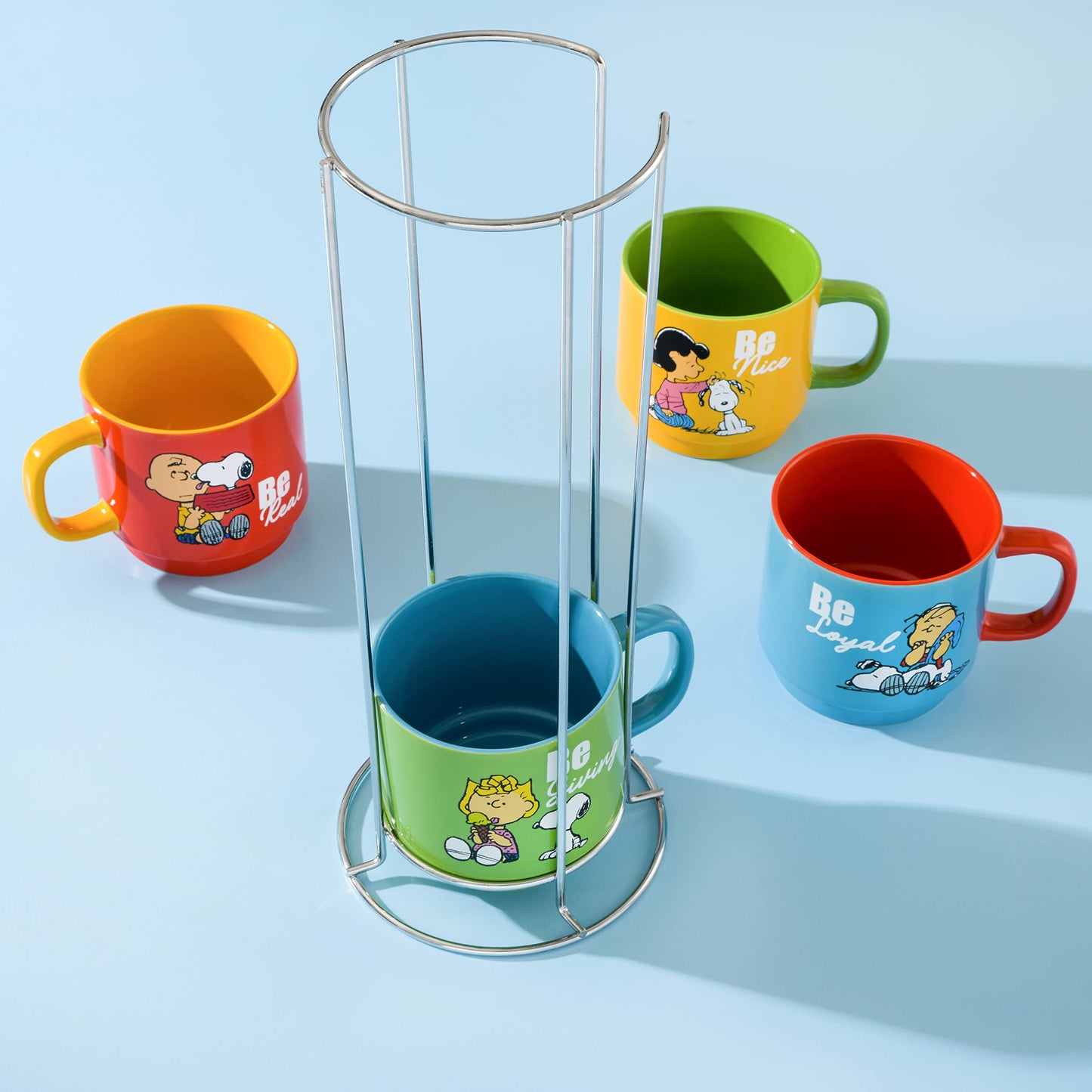Peanuts Snoopy Gentle Reminders 15oz Stackable Mugs w/Metal Rack, Stoneware, 4-Pack, Assorted Colors