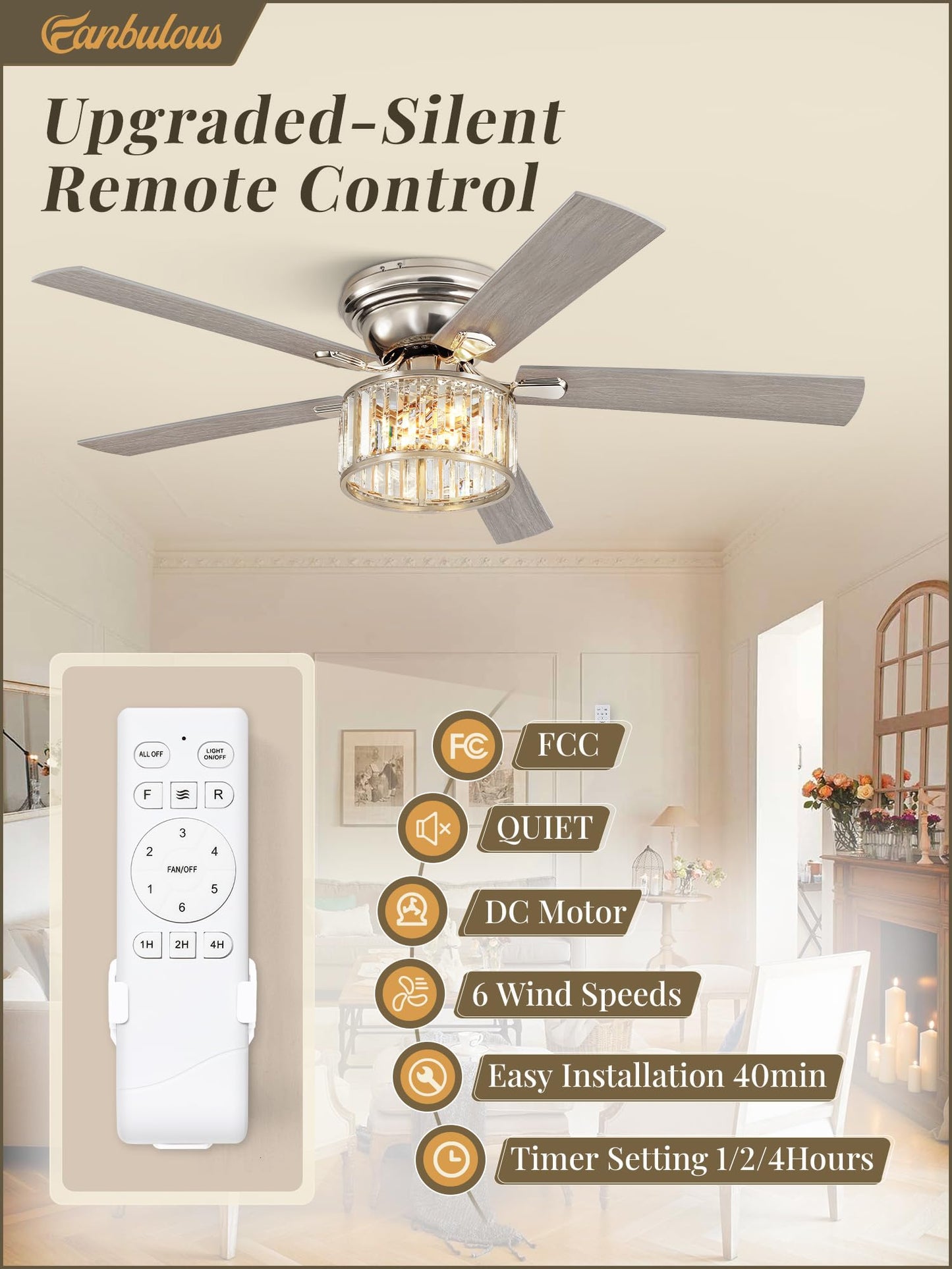 56 Inch Modern Crystal Chandelier Fan, Brushed Nickel Fandelier Ceiling Fan with Light, 6-Speeds, Quiet Reversible DC Motor, Flush Mount Ceiling Fan with Lights for Bedroom, Living Room