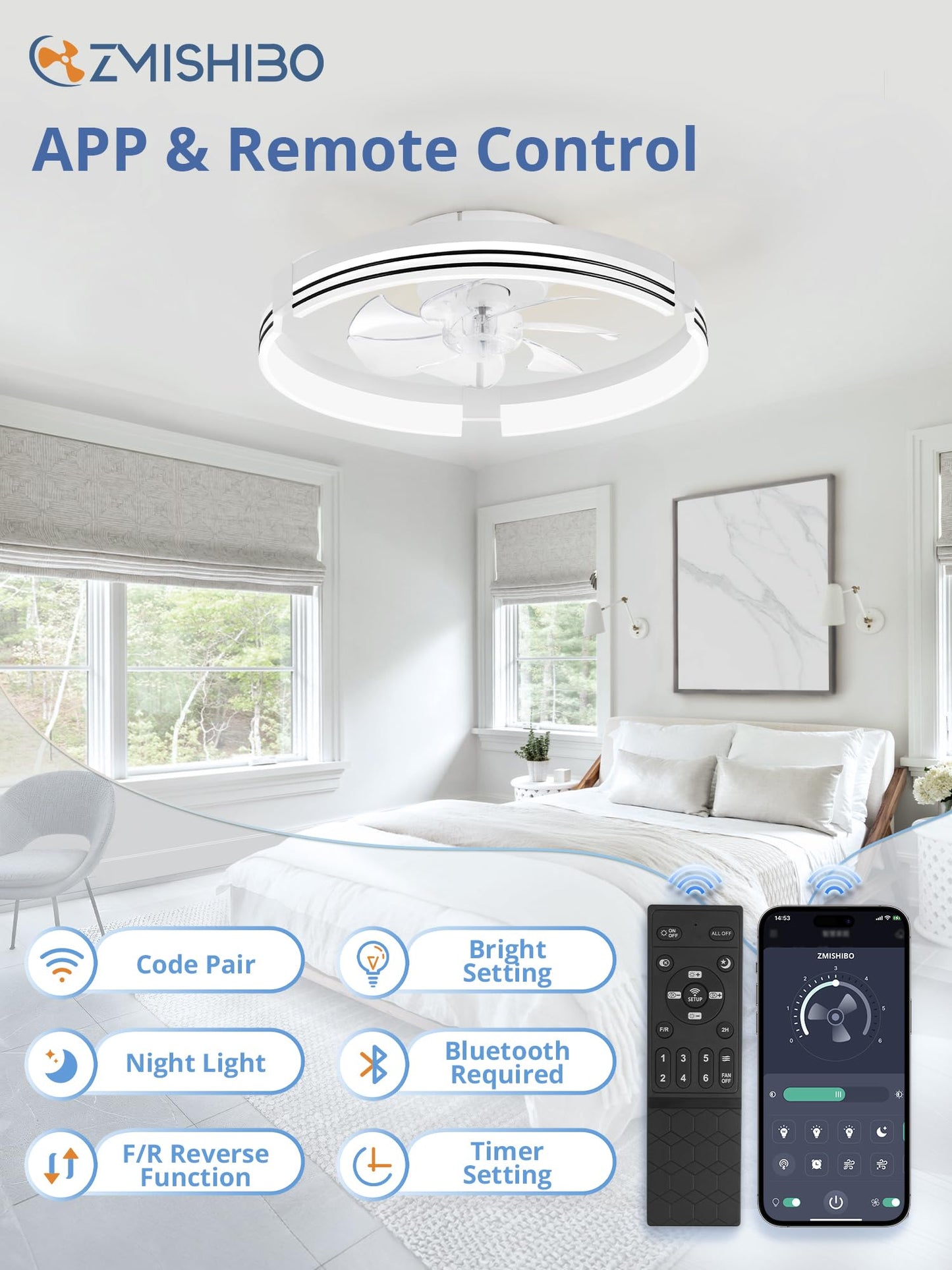 ZMISHIBO Low Profile Ceiling Fans with Lights and Remote, 20 Inch Flush Mount Ceiling Fan with Light, 3000K-6000K Dimmable Fandelier LED Fan Light, 6 Wind Speeds White Ceiling Fans for Bedroom