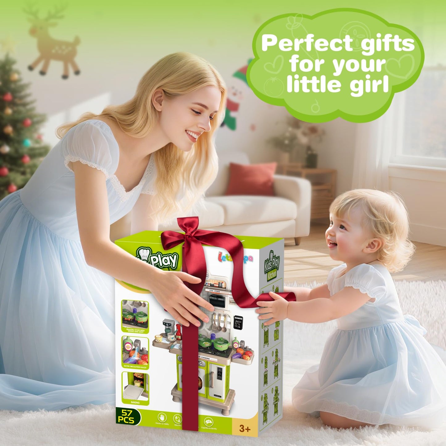 Play Kitchen Set, Kids Kitchen Playset with Realistic Sound & Light, Cooking Stove, Sink, Play Food and Accessories, 57 Pcs Kitchen Toys Gifts for Toddlers 2-4 3-5 Boys Girls (Green)