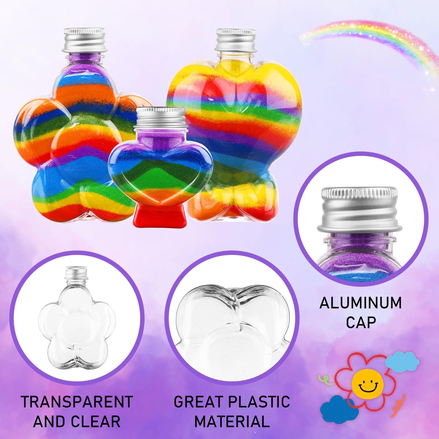 ZBHANSHUIS 60Pcs Sand Art Bottles 75ml Wave Shaped Plastic Bottles Plastic Sand Art Bottles DIY Colored Sand Bottle Kit Sand Art Activity Kit for DIY Art Activity Fun Party Supplies, Mix 6 Style